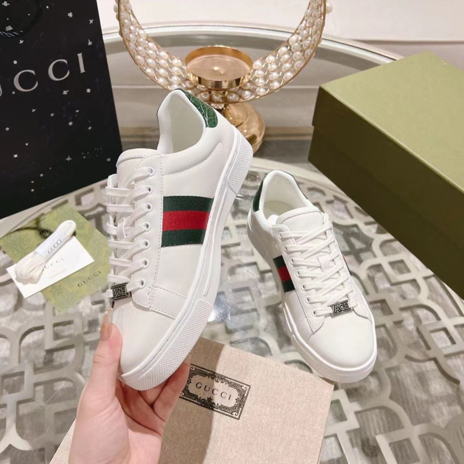 GG Ace Web Tennis Shoes with White Bee