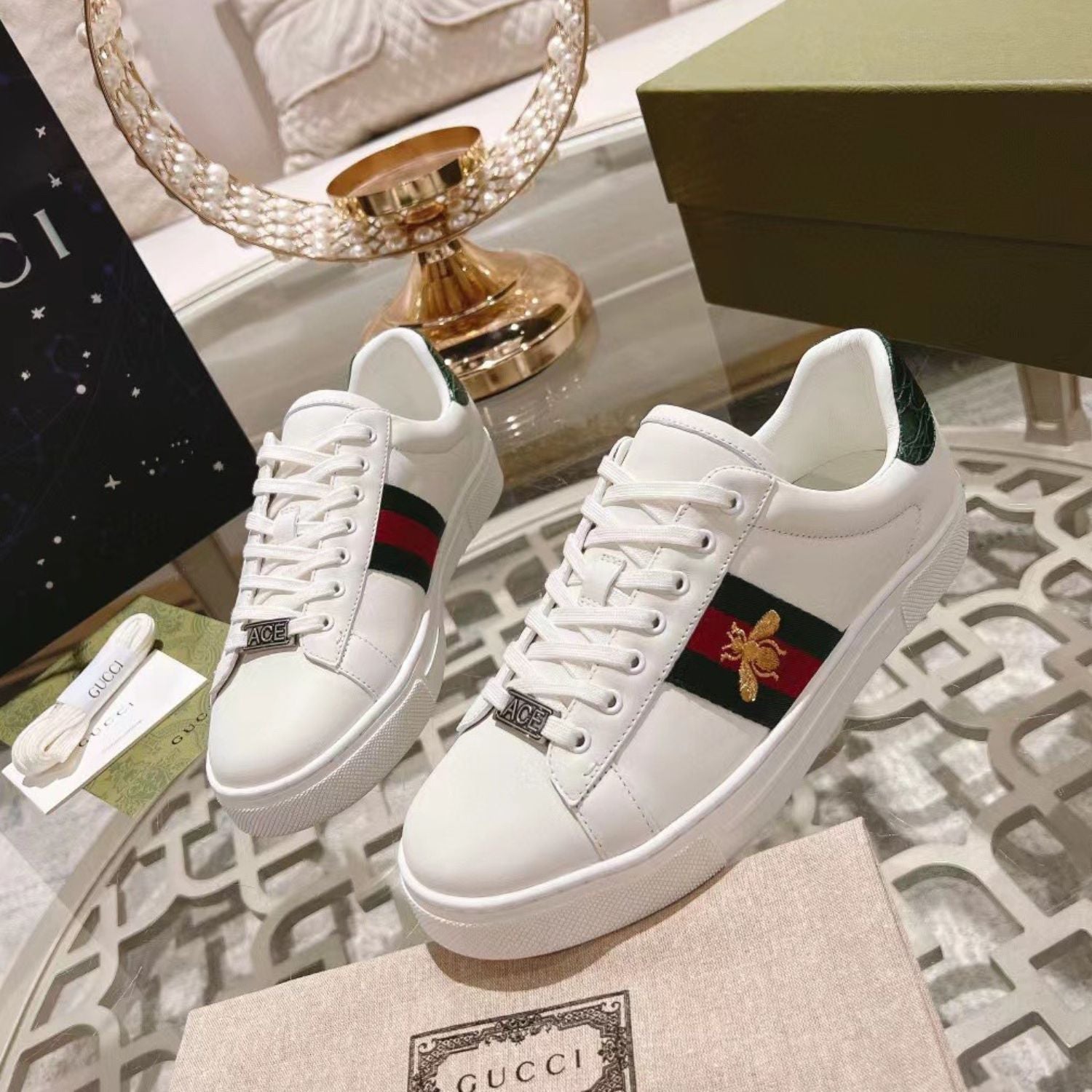 GG Ace Web Tennis Shoes with White Bee