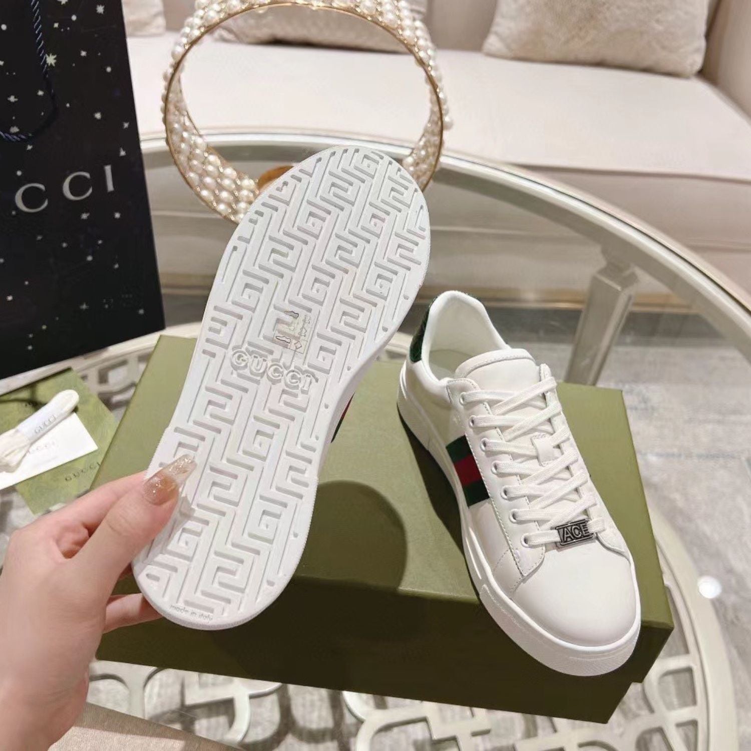 GG Ace Web Tennis Shoes with White Bee