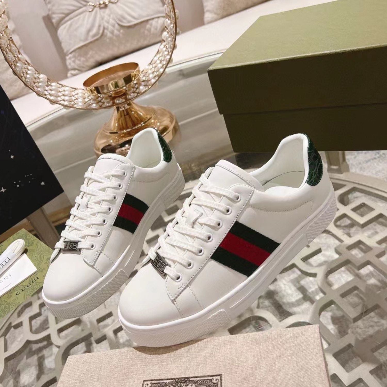 GG Ace Web White Sneakers