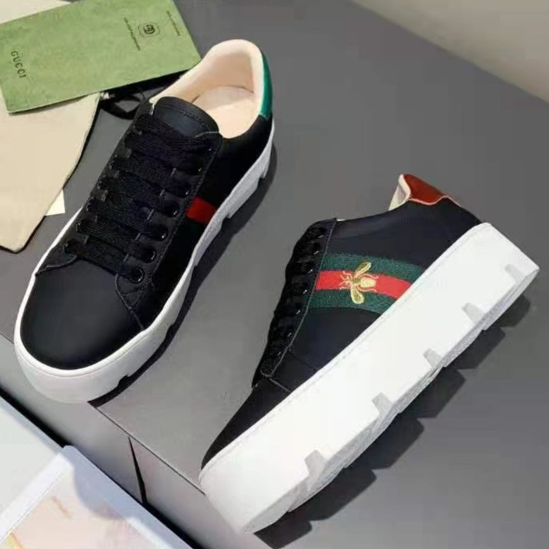 GG Ace Web Platform Sneakers in Black Bee