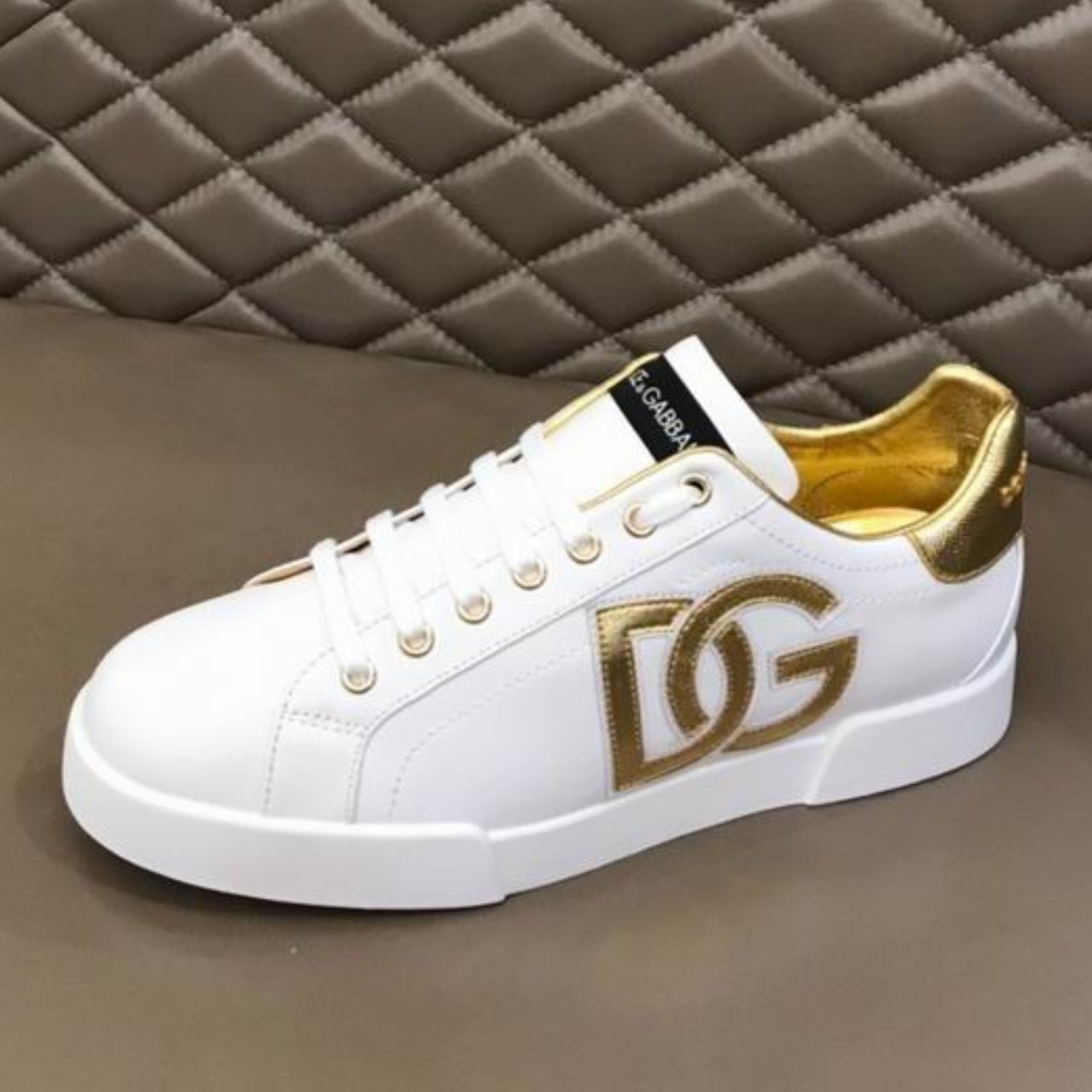 DG Portofino Leather Tennis Shoes with Gold and Side Logo