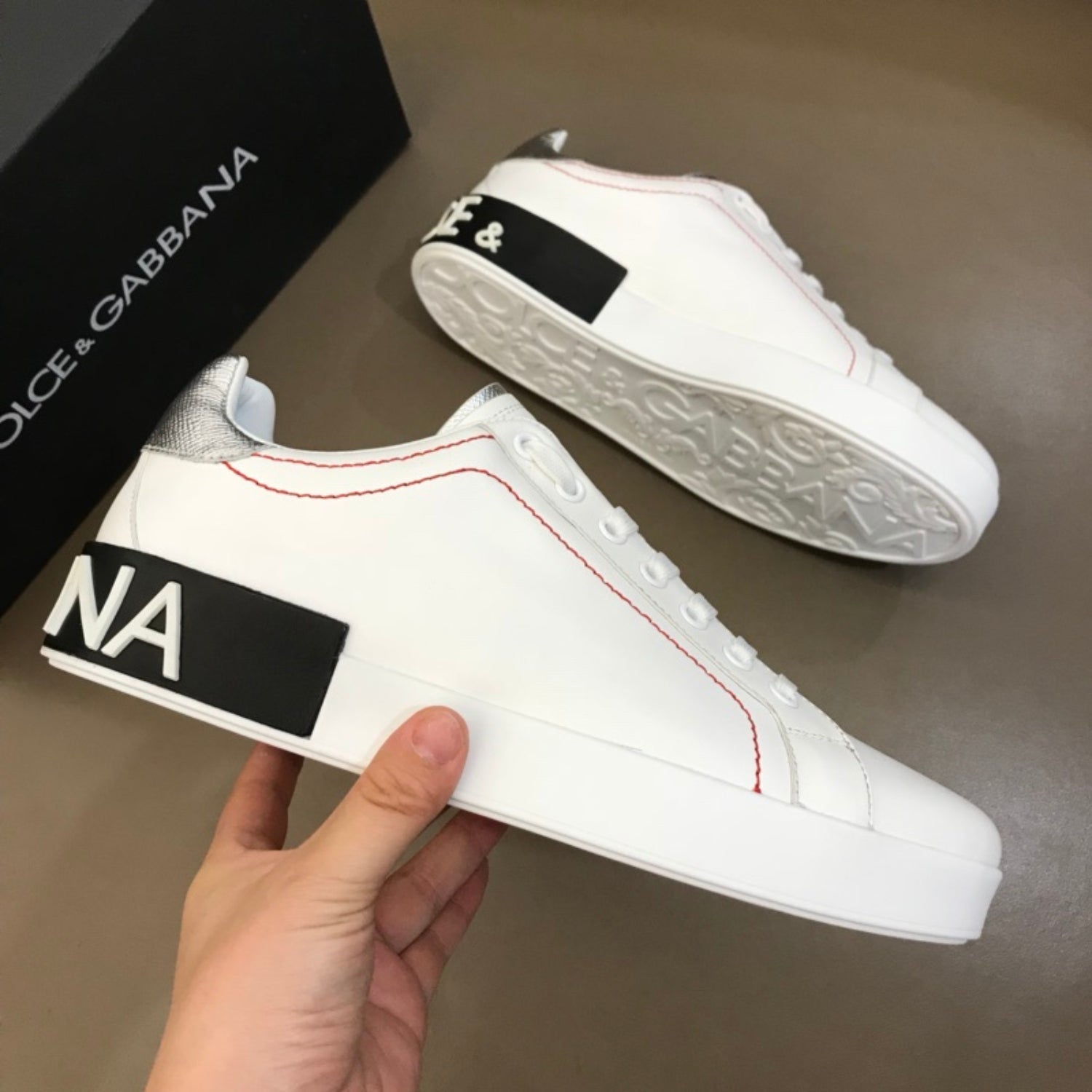 DG Portofino White Leather Sneakers with Silver and Black