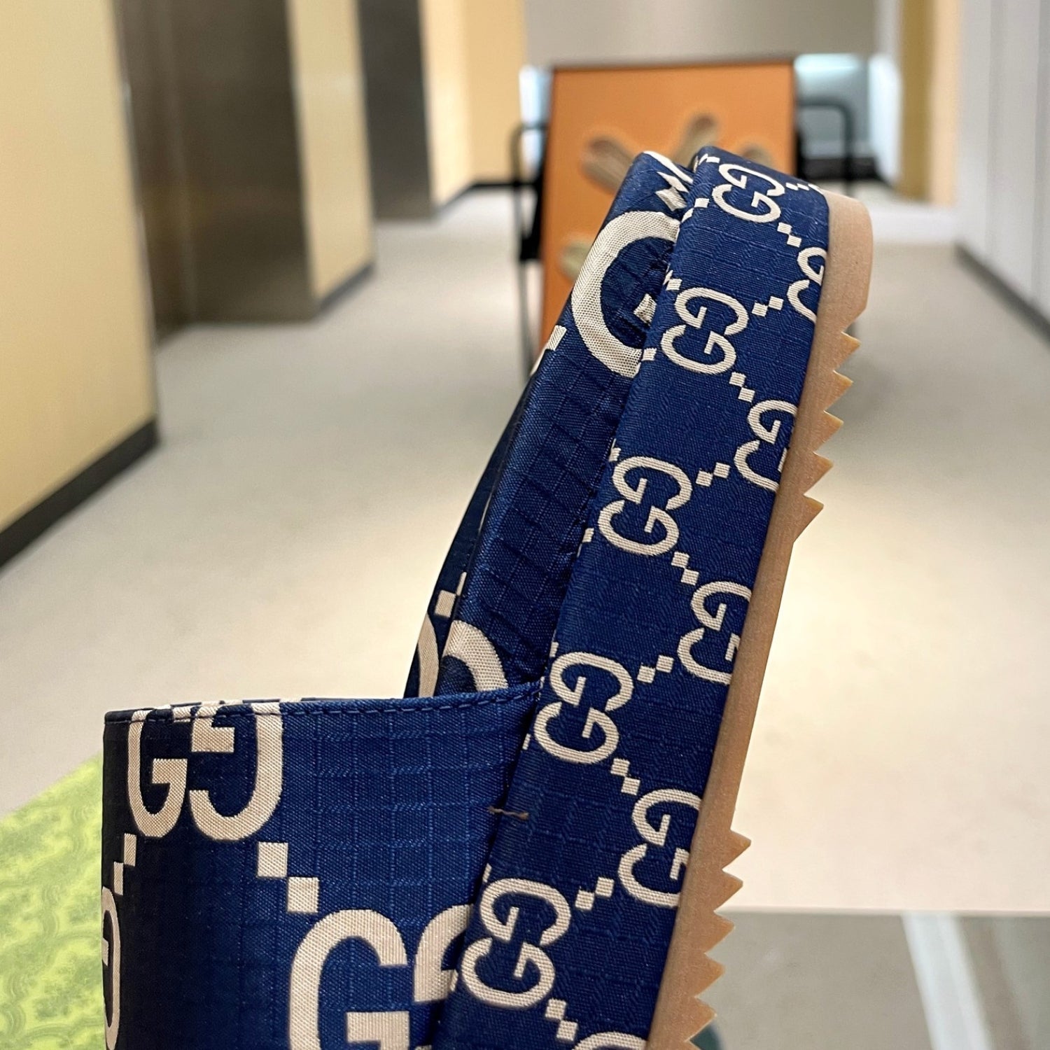 GG Platform Slider Sandal in Blue with Print