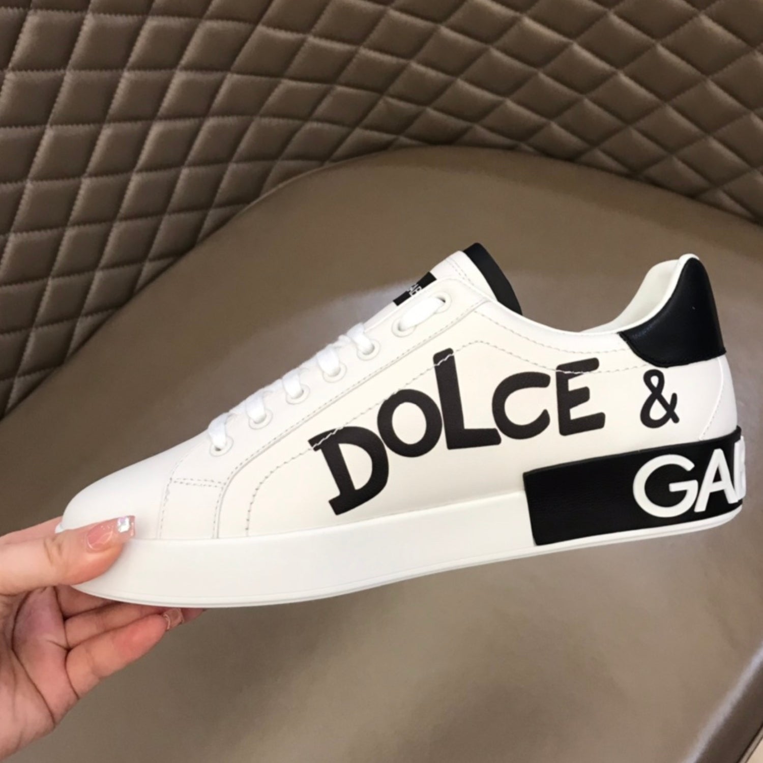 DG Portofino White Leather Sneakers with Black and Star Details