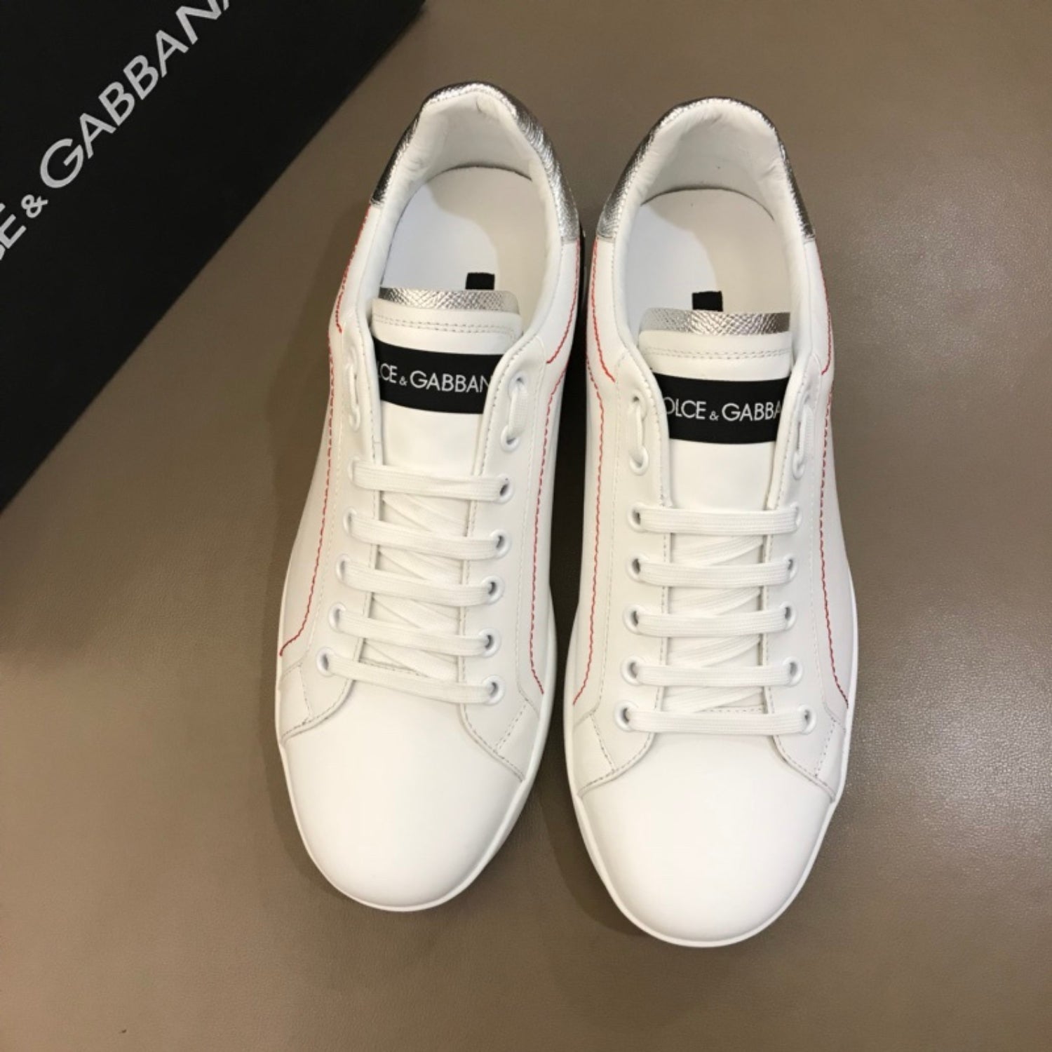 DG Portofino White Leather Sneakers with Silver and Black