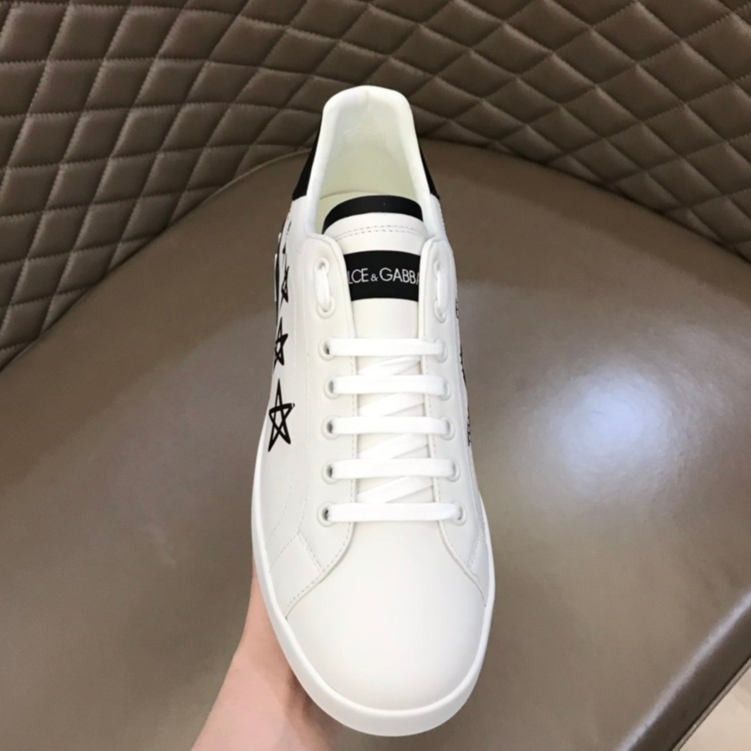 DG Portofino White Leather Sneakers with Black and Star Details