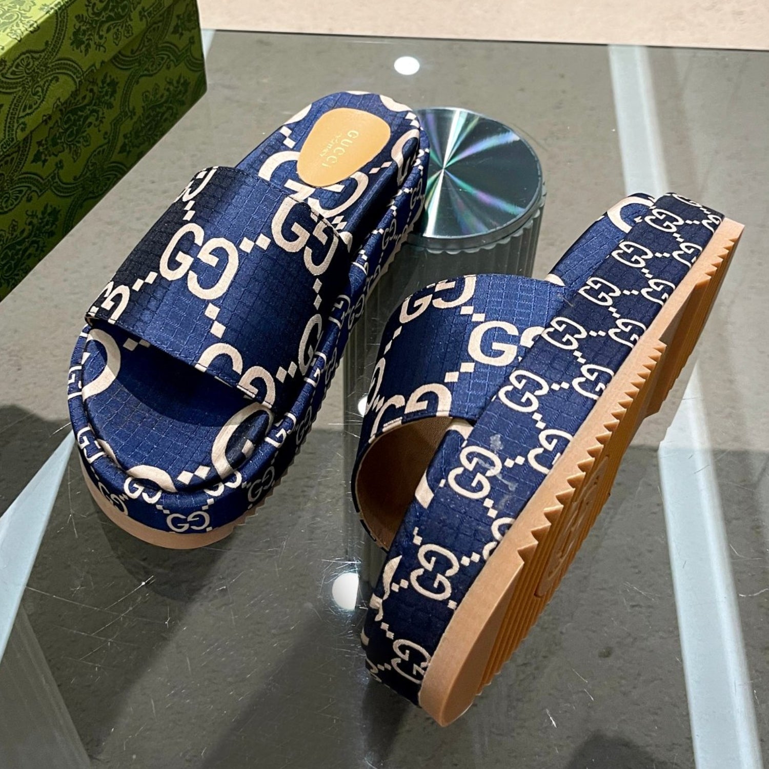 GG Platform Slider Sandal in Blue with Print