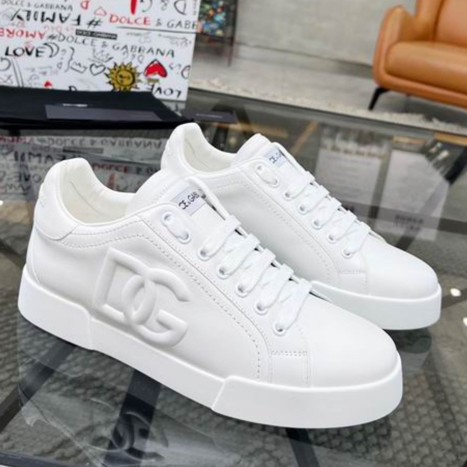 DG Portofino All-White Leather Sneakers with Embossed Side Logo