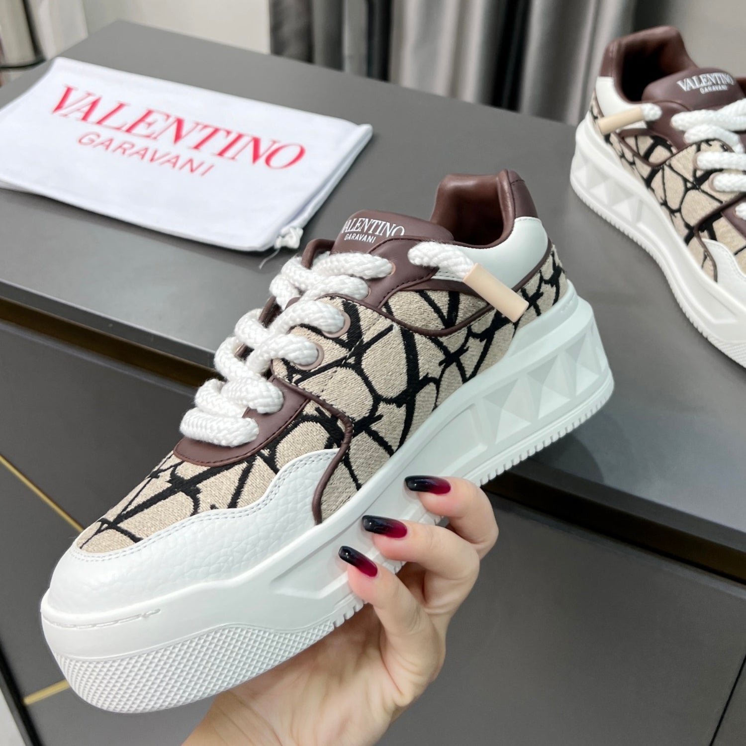 VLT One Stud XL White and Brown Leather Sneakers