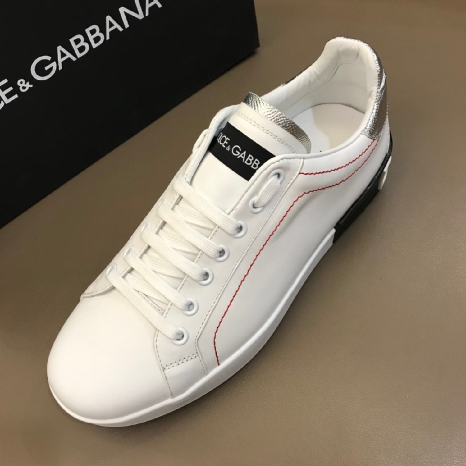 DG Portofino White Leather Sneakers with Silver and Black