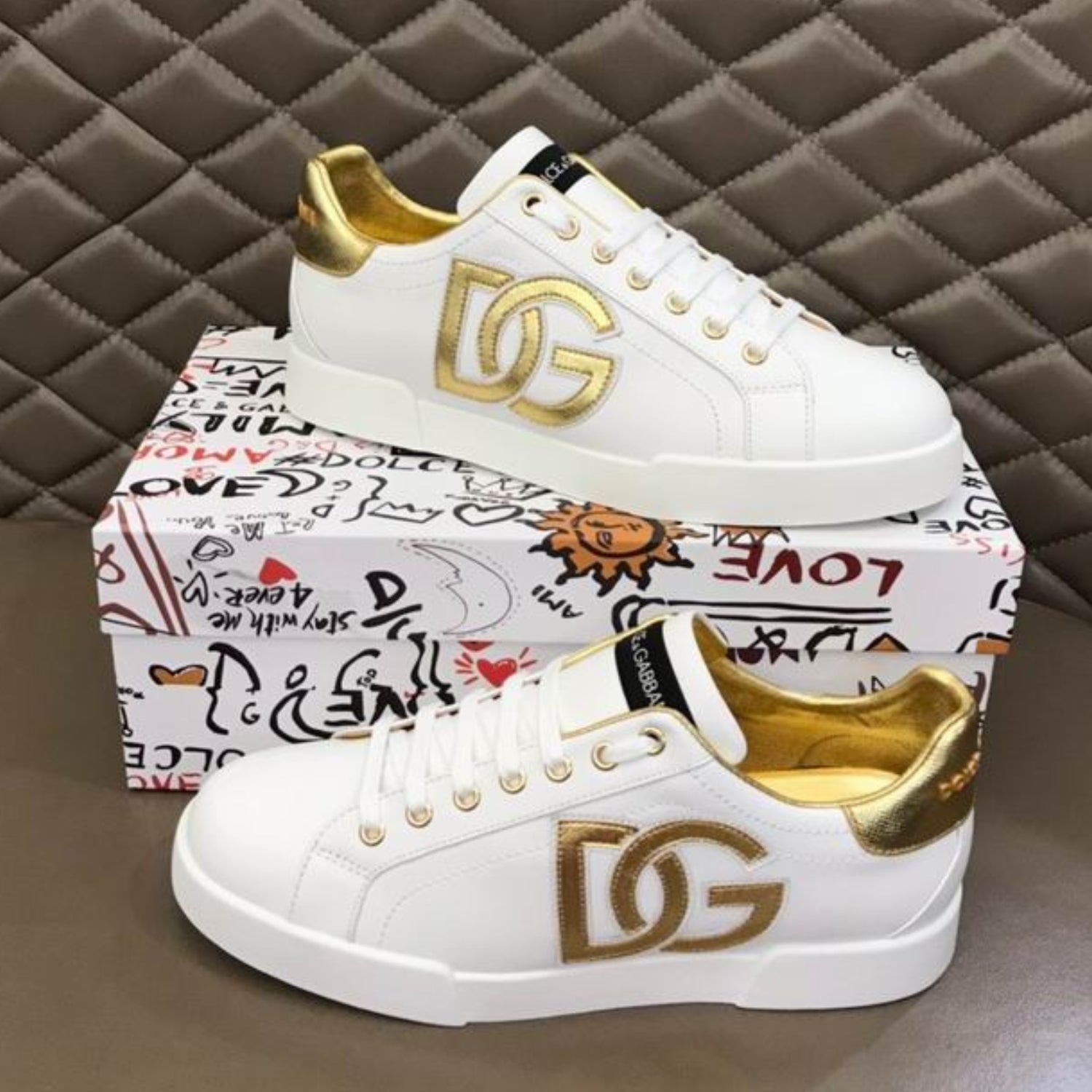 DG Portofino Leather Tennis Shoes with Gold and Side Logo