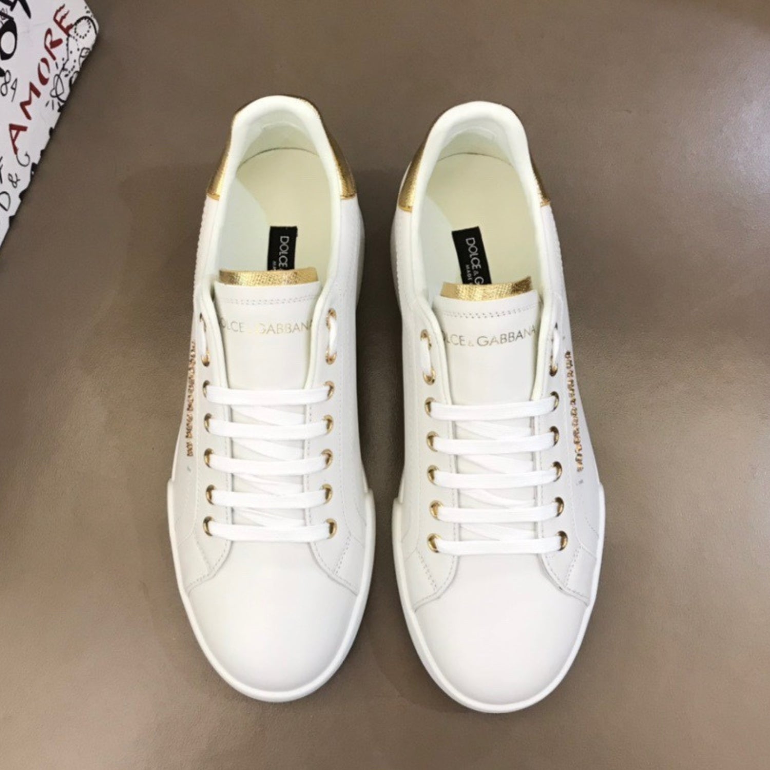 DG Portofino Smooth Leather White and Gold Sneakers