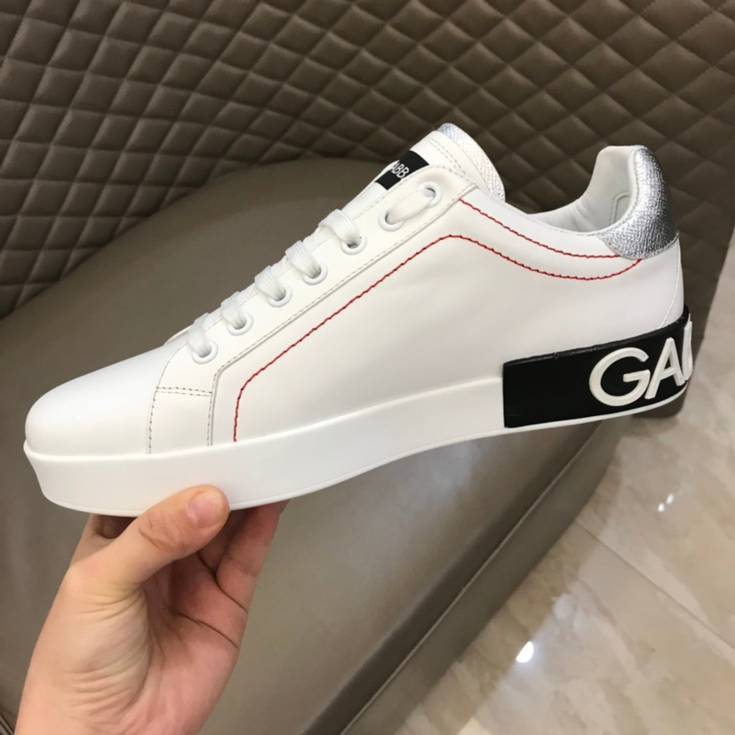 DG Portofino White Leather Sneakers with Silver and Black