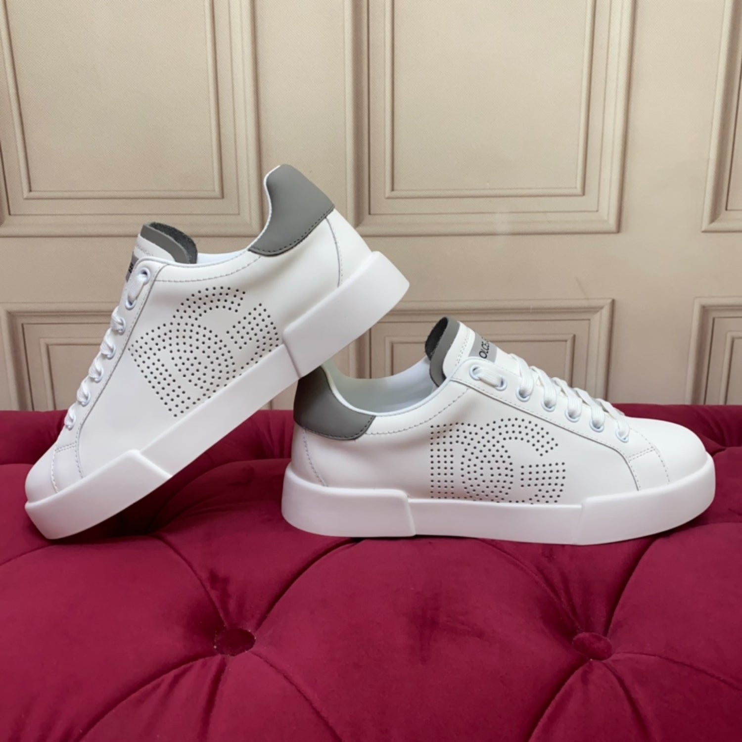 DG Portofino Leather Sneakers with White and Gray Logo