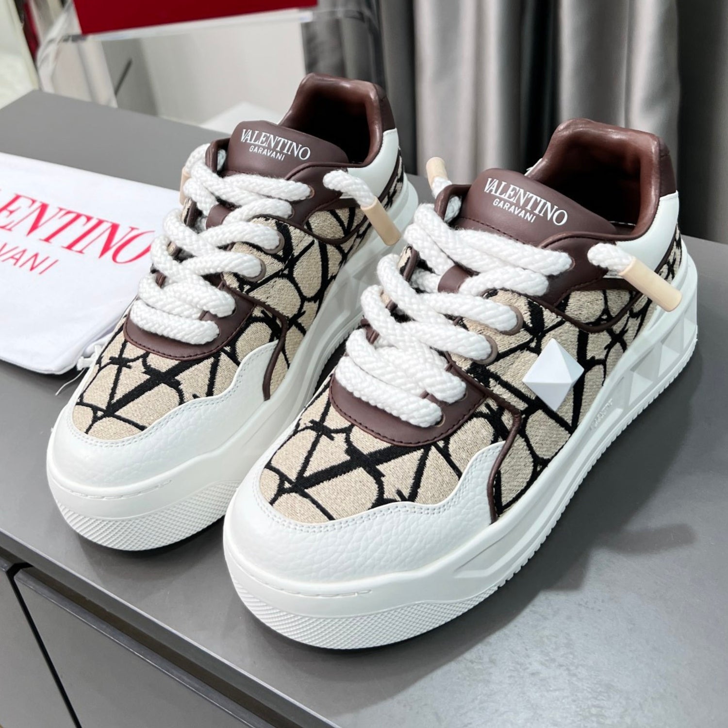 VLT One Stud XL White and Brown Leather Sneakers