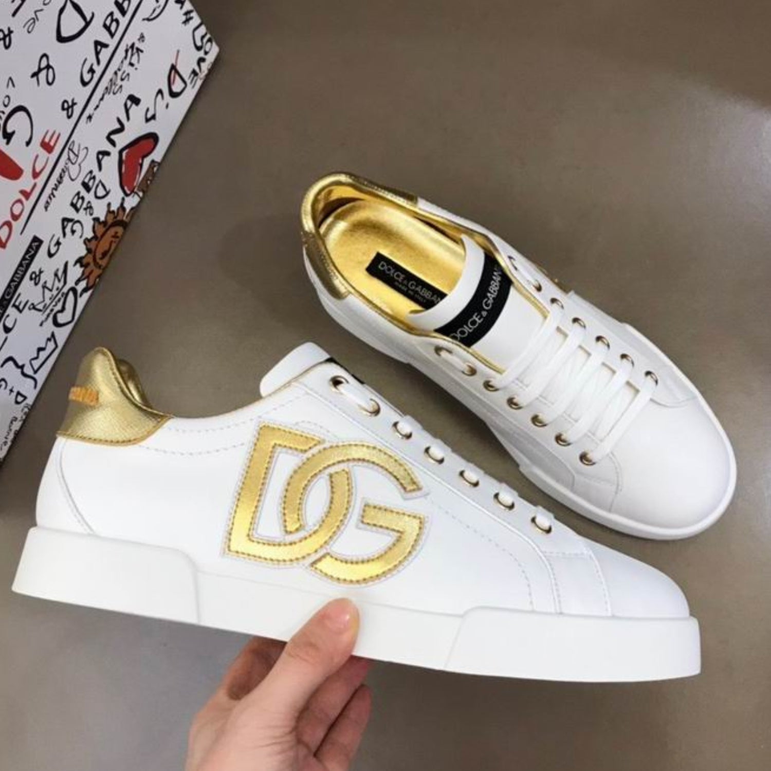 DG Portofino Leather Tennis Shoes with Gold and Side Logo