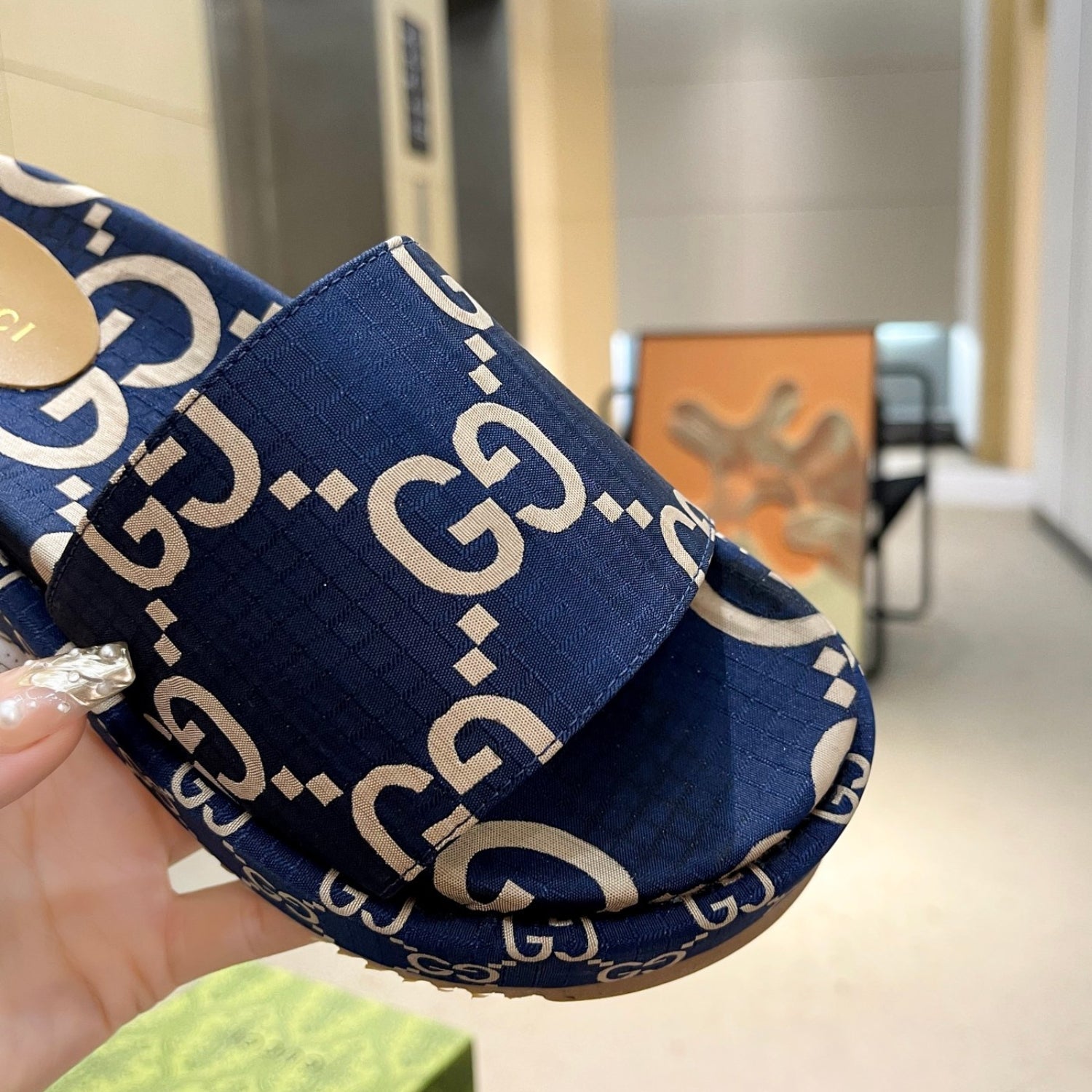 GG Platform Slider Sandal in Blue with Print