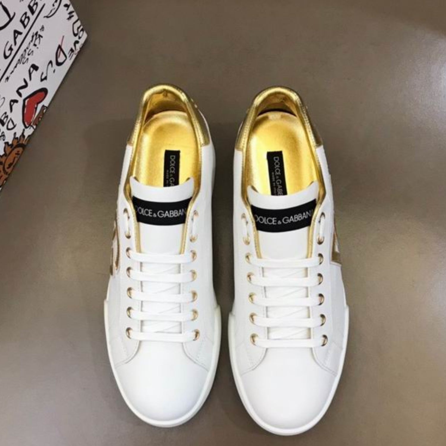 DG Portofino Leather Tennis Shoes with Gold and Side Logo