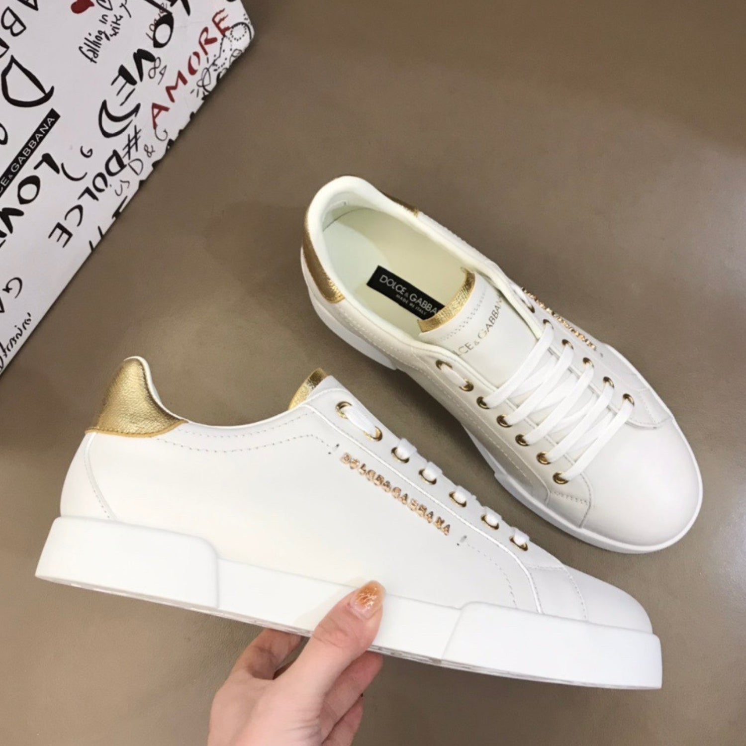 DG Portofino Smooth Leather White and Gold Sneakers