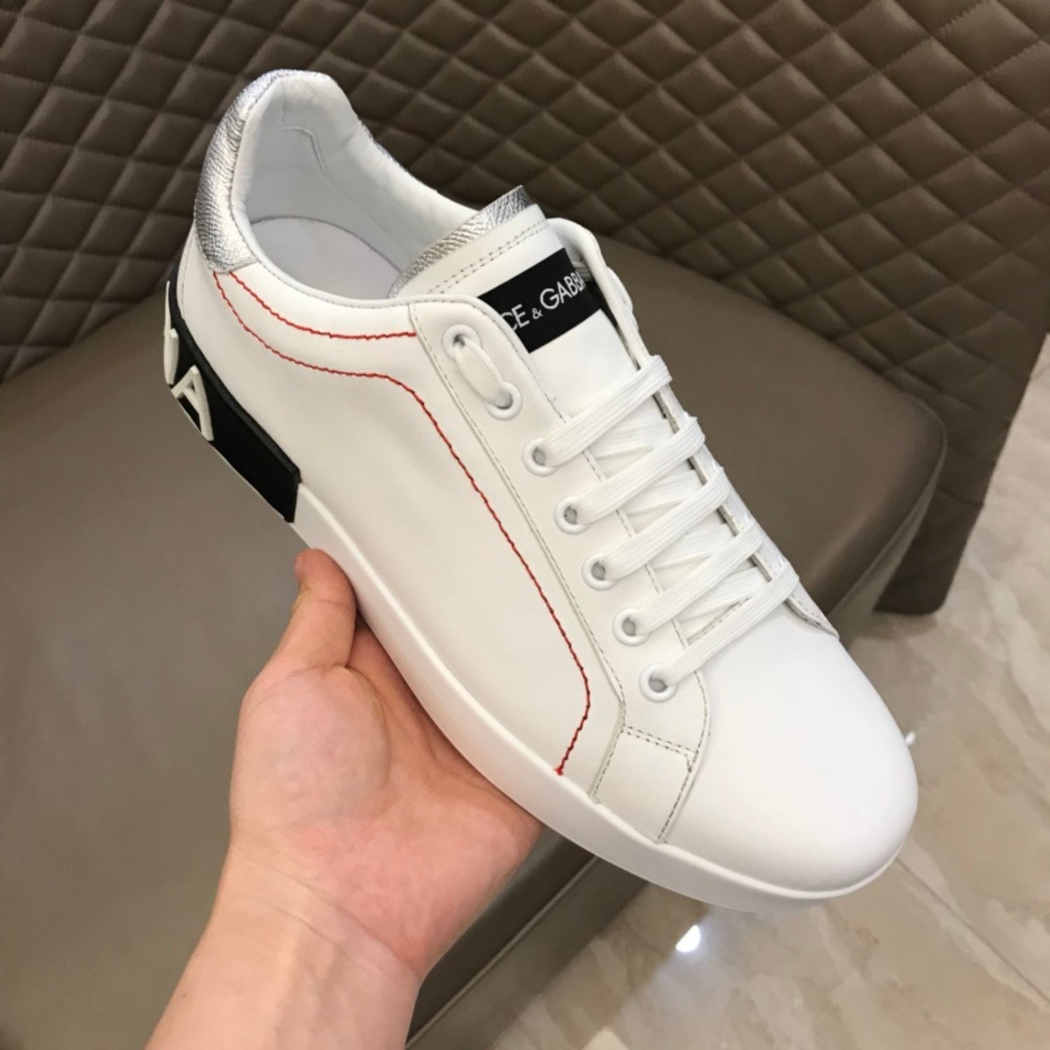 DG Portofino White Leather Sneakers with Silver and Black