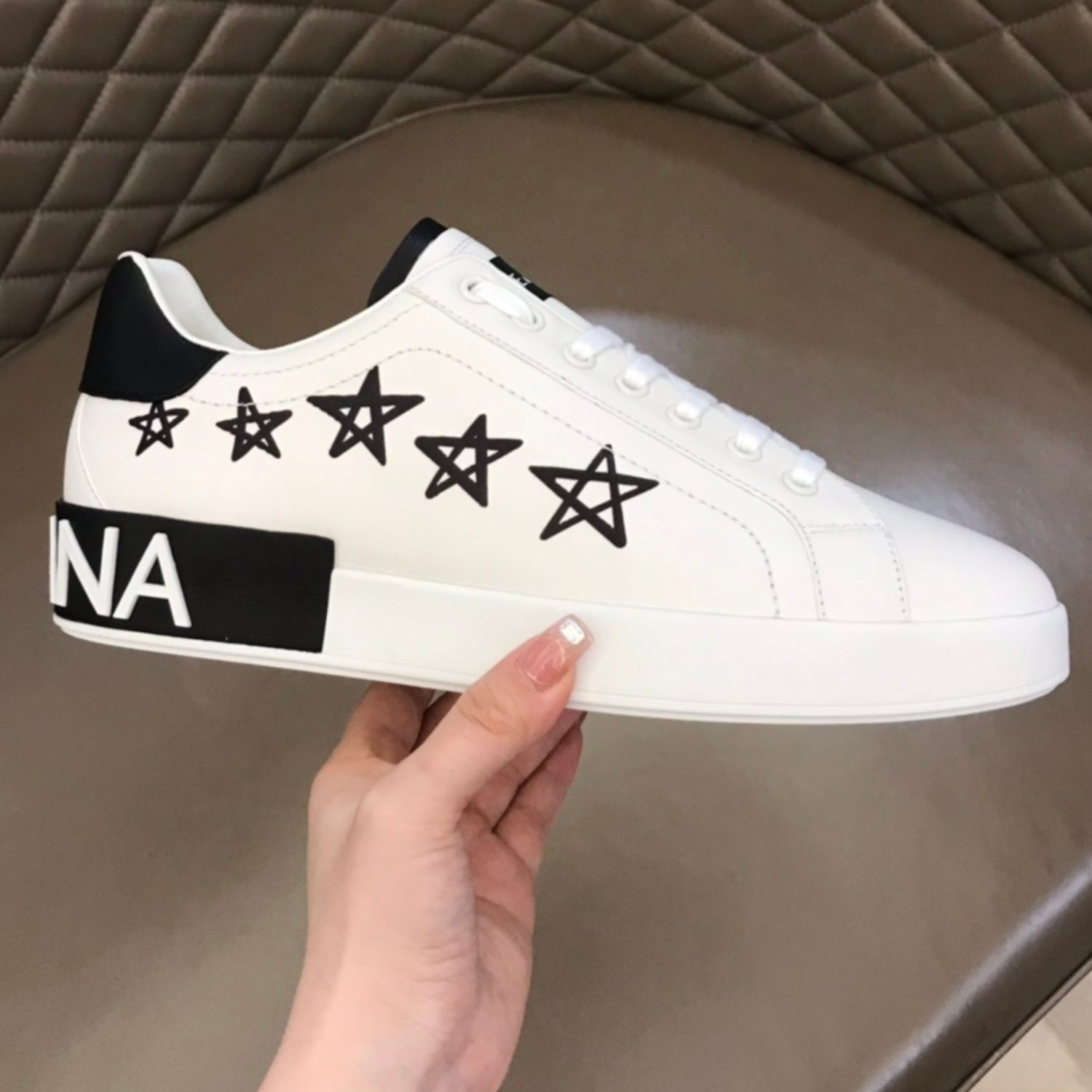 DG Portofino White Leather Sneakers with Black and Star Details