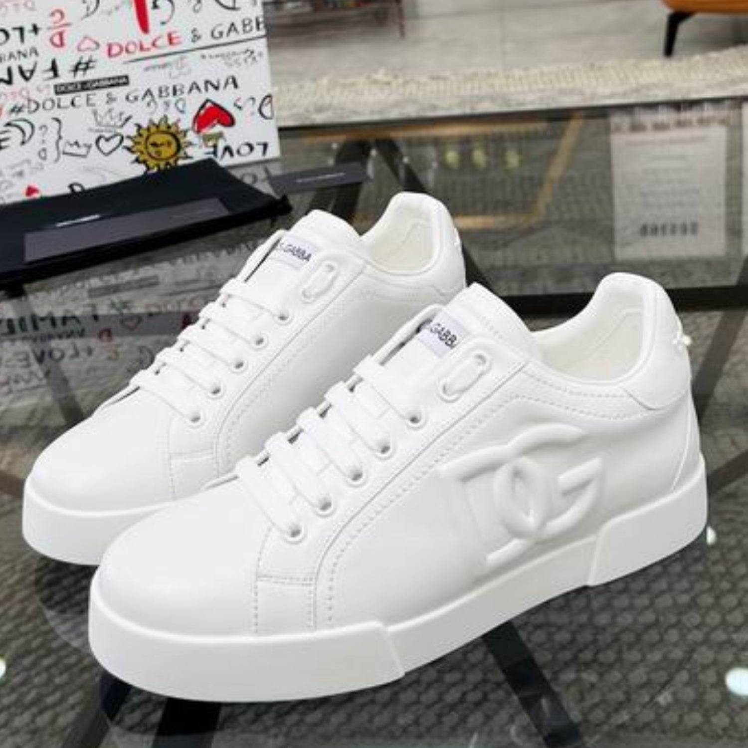 DG Portofino All-White Leather Sneakers with Embossed Side Logo