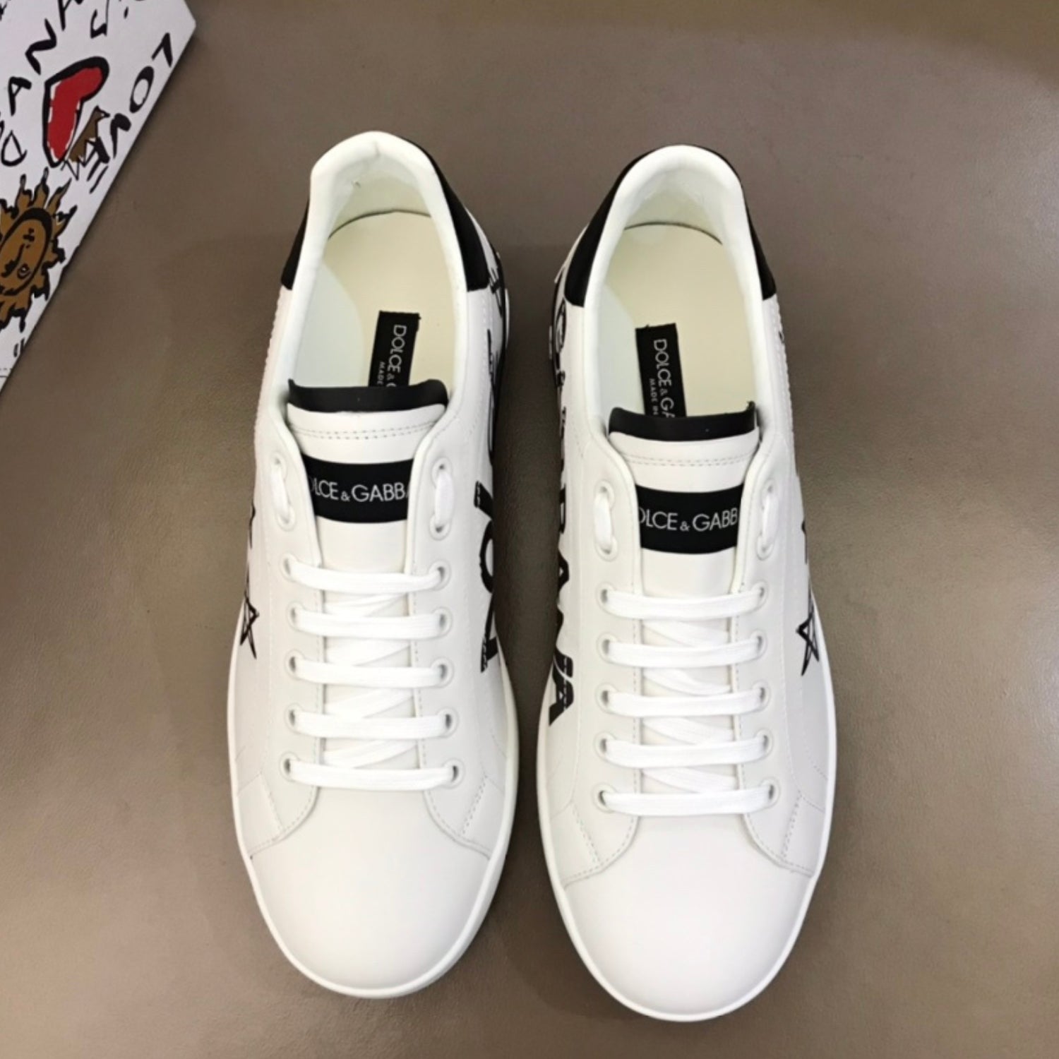 DG Portofino White Leather Sneakers with Black and Star Details