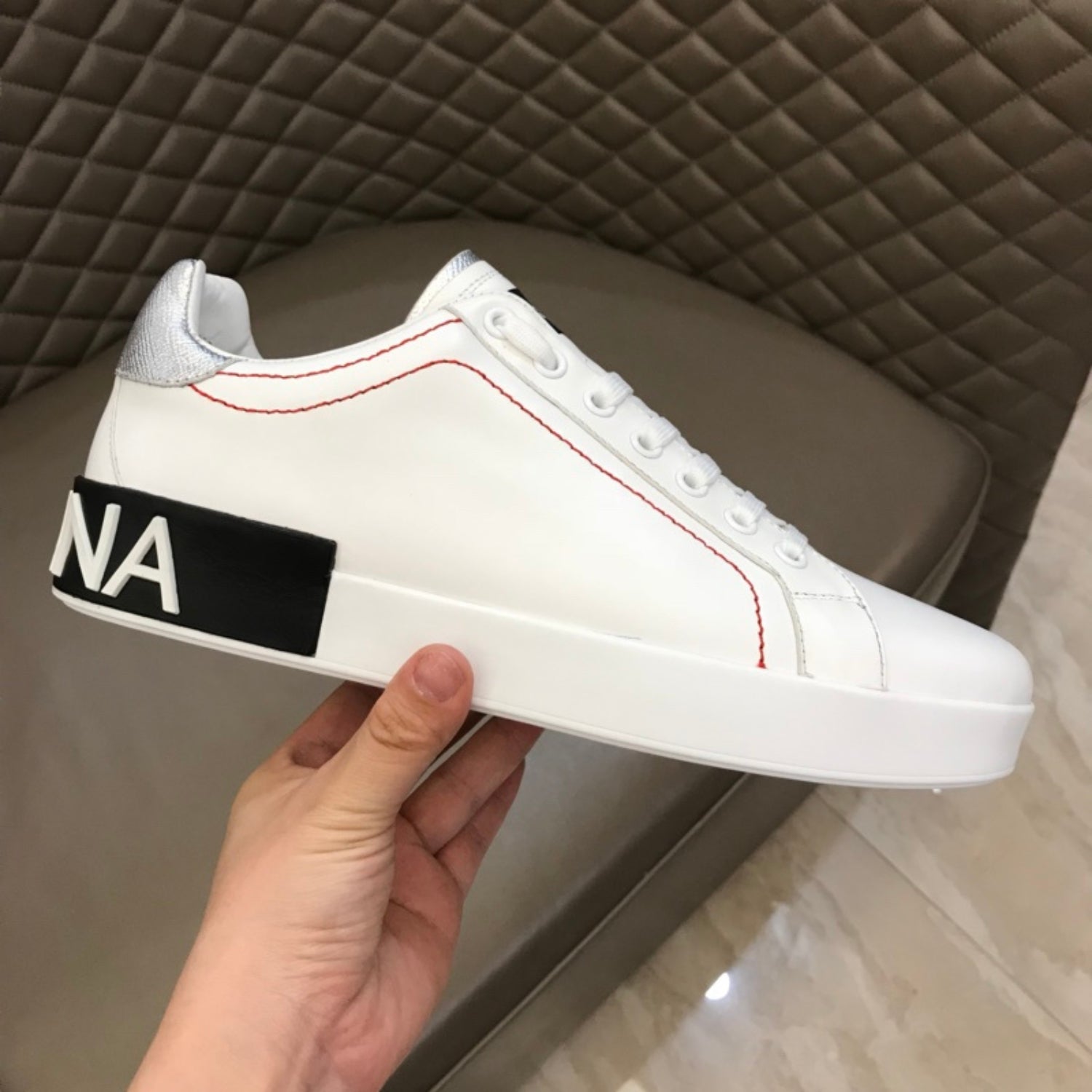 DG Portofino White Leather Sneakers with Silver and Black