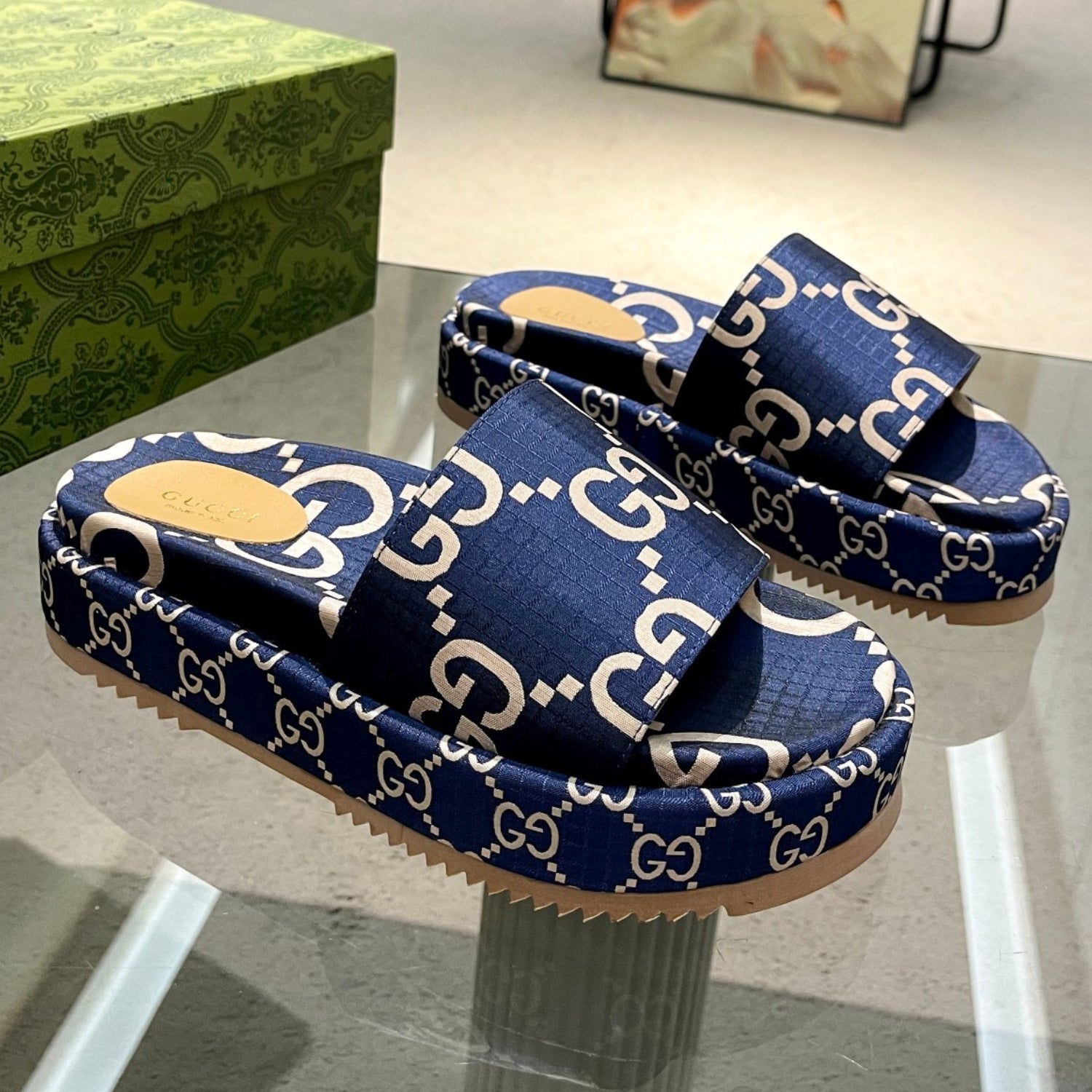 GG Platform Slider Sandal in Blue with Print