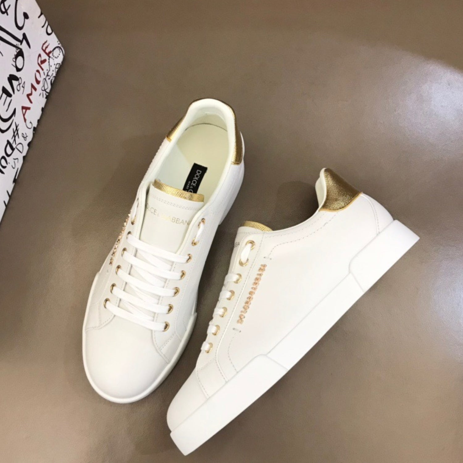 DG Portofino Smooth Leather White and Gold Sneakers