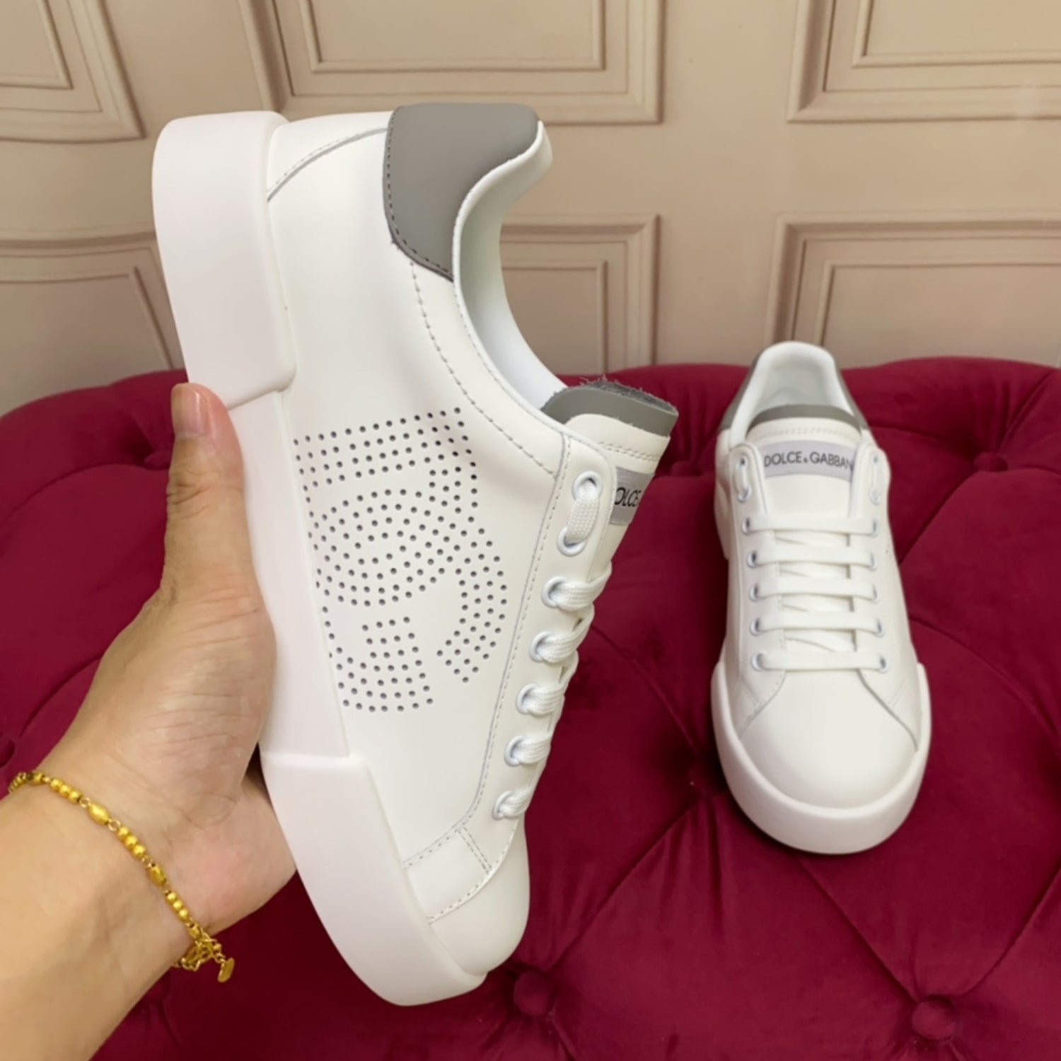 DG Portofino Leather Sneakers with White and Gray Logo