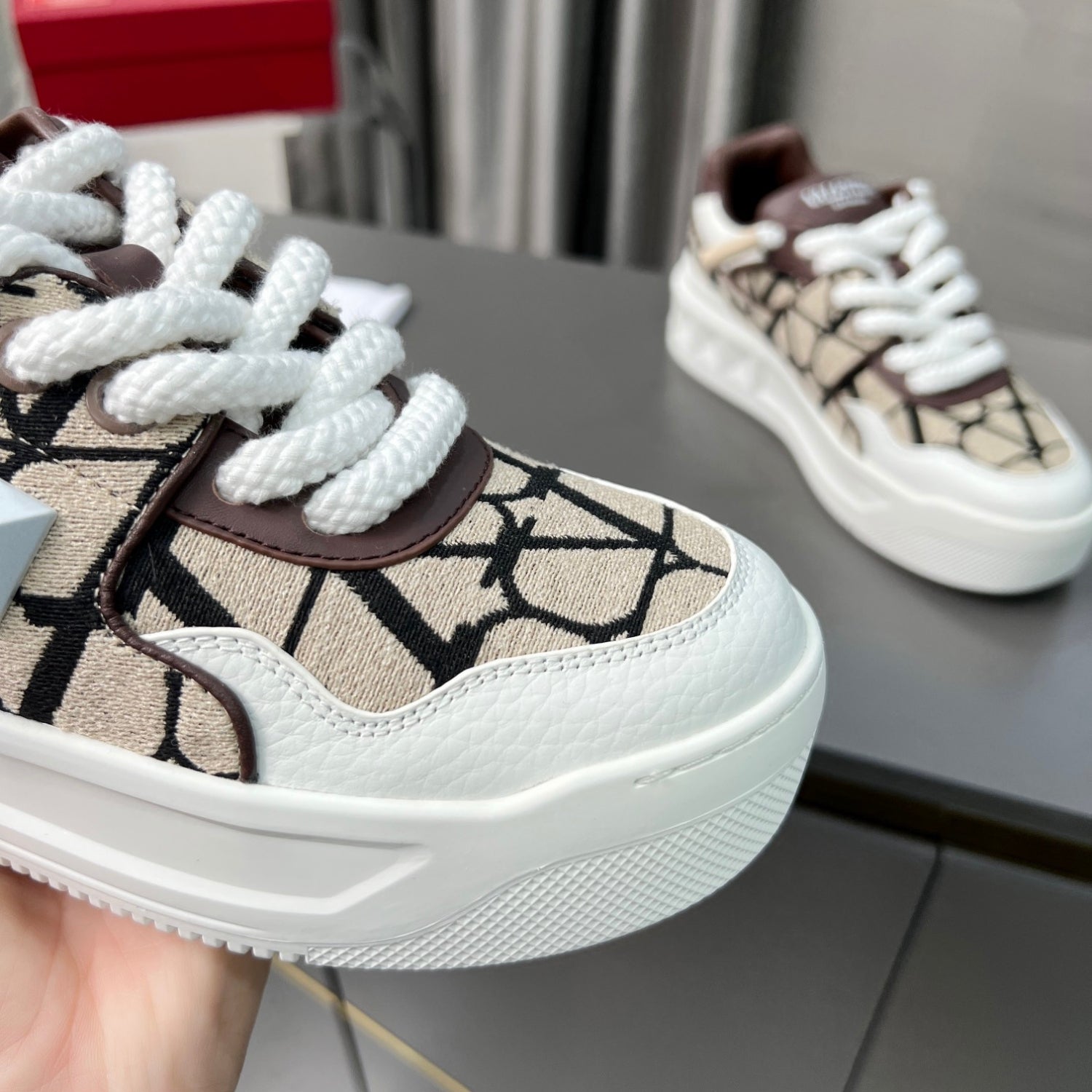 VLT One Stud XL White and Brown Leather Sneakers