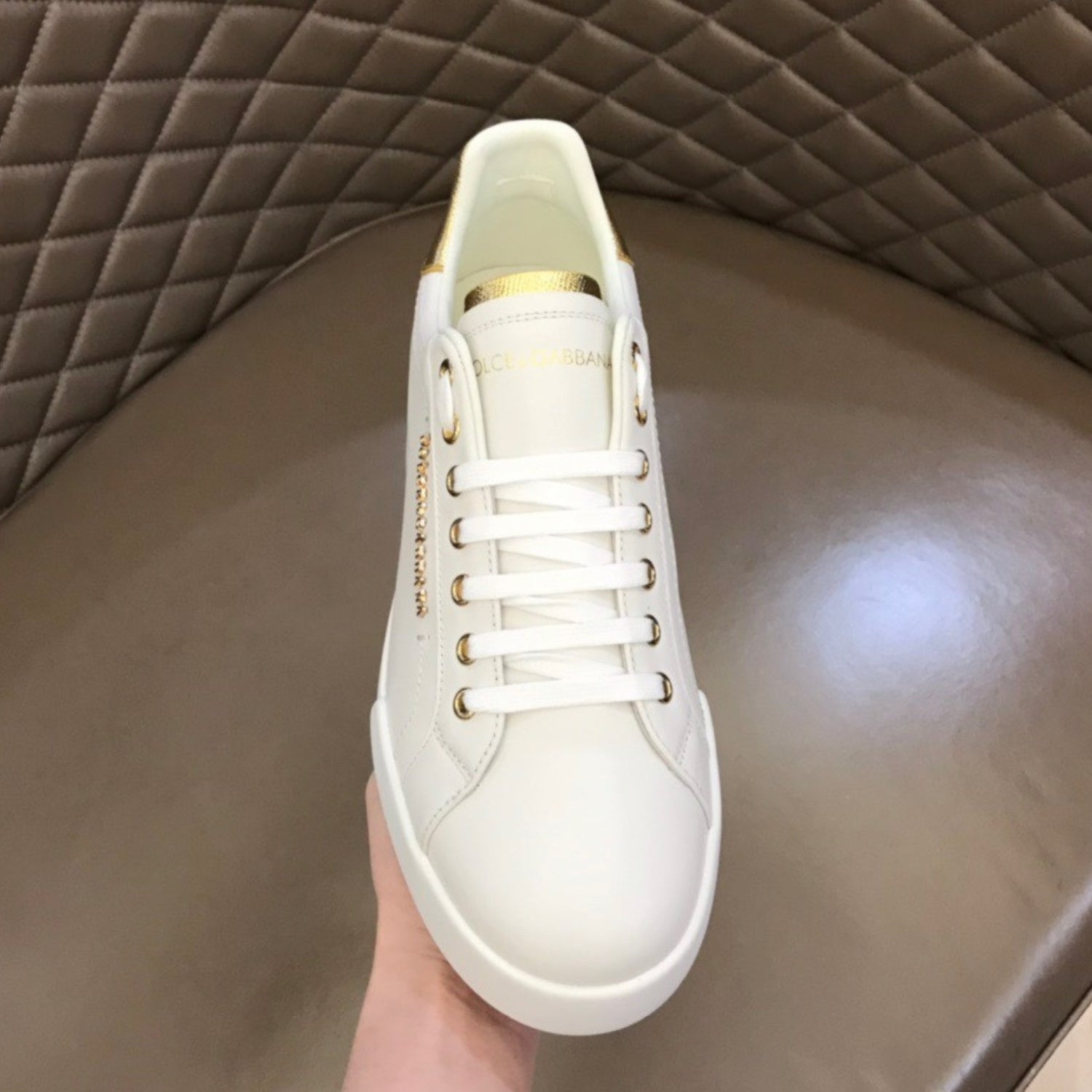 DG Portofino Smooth Leather White and Gold Sneakers
