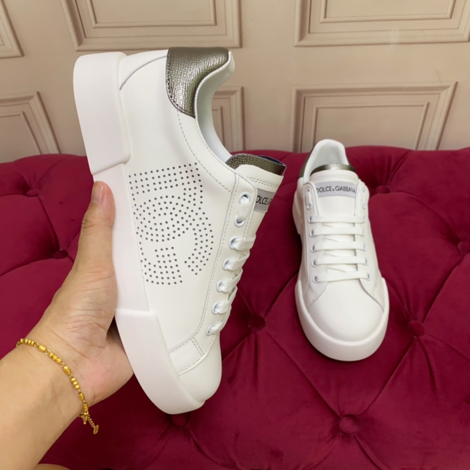 DG Portofino Leather Sneakers with White and Silver Logo