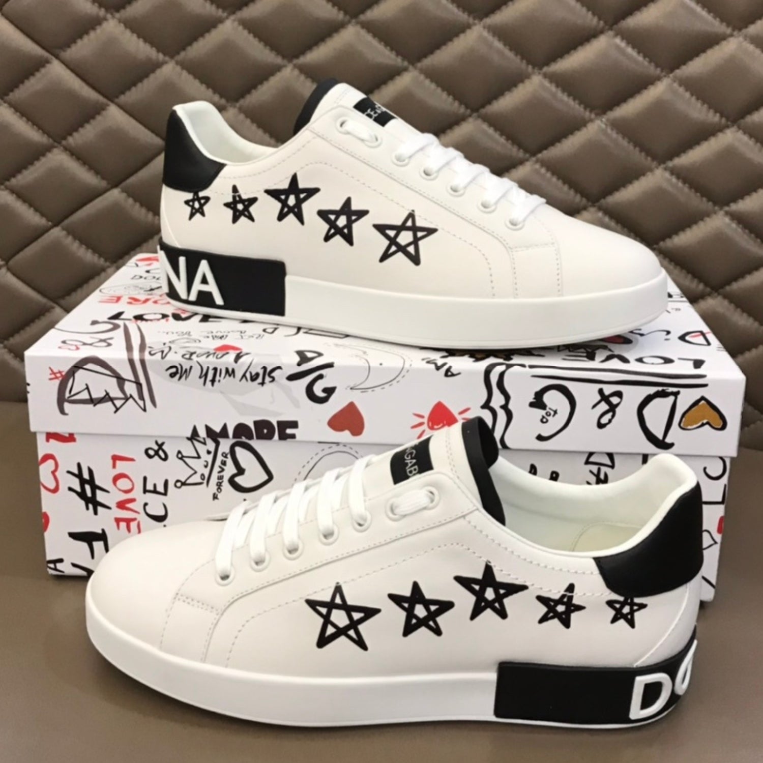 DG Portofino White Leather Sneakers with Black and Star Details