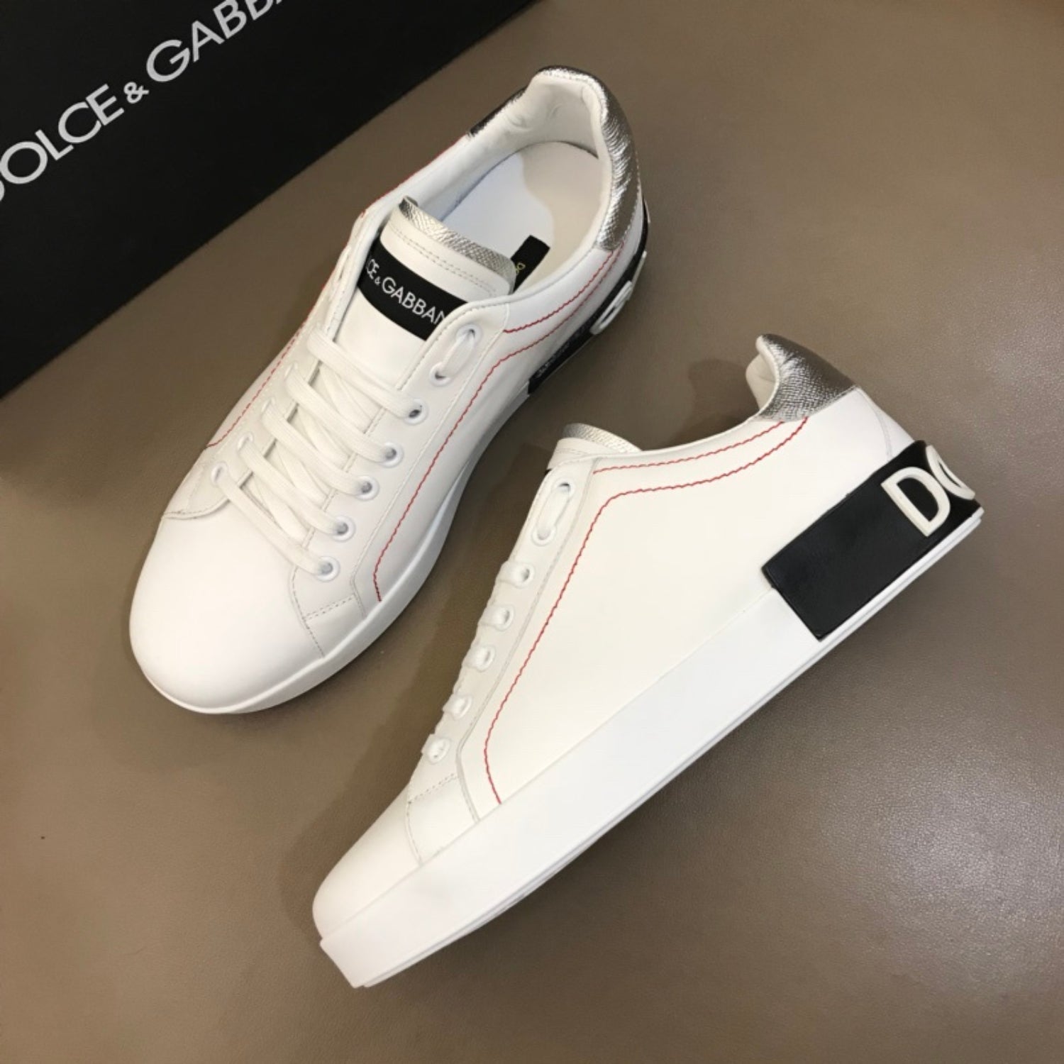 DG Portofino White Leather Sneakers with Silver and Black