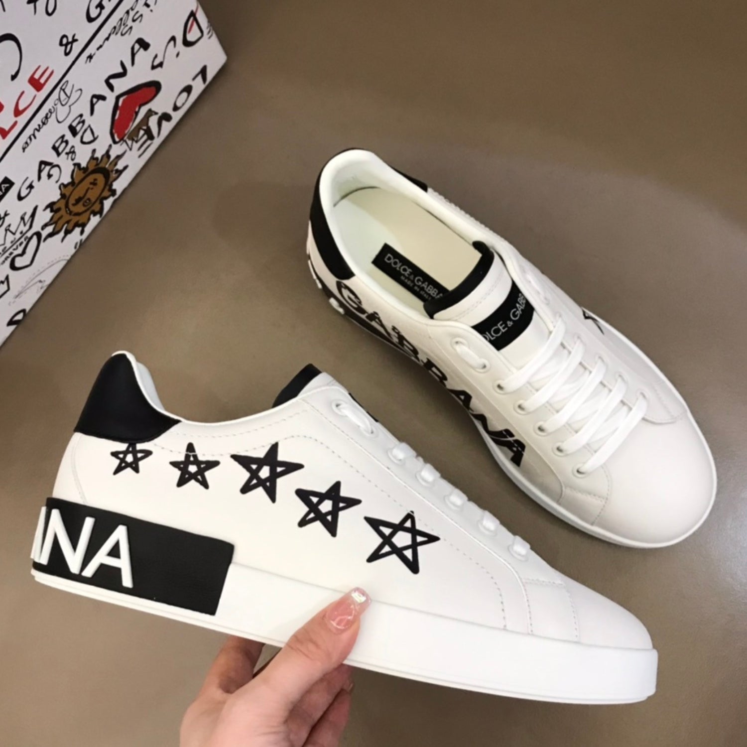 DG Portofino White Leather Sneakers with Black and Star Details