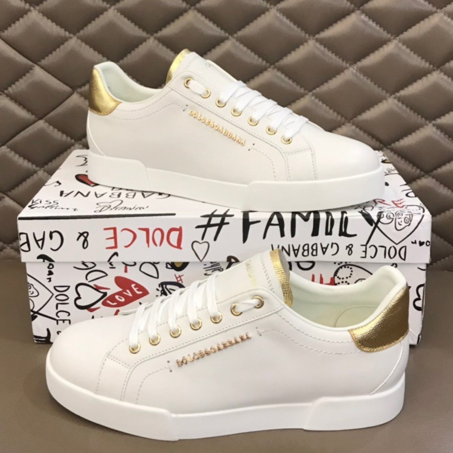 DG Portofino Smooth Leather White and Gold Sneakers
