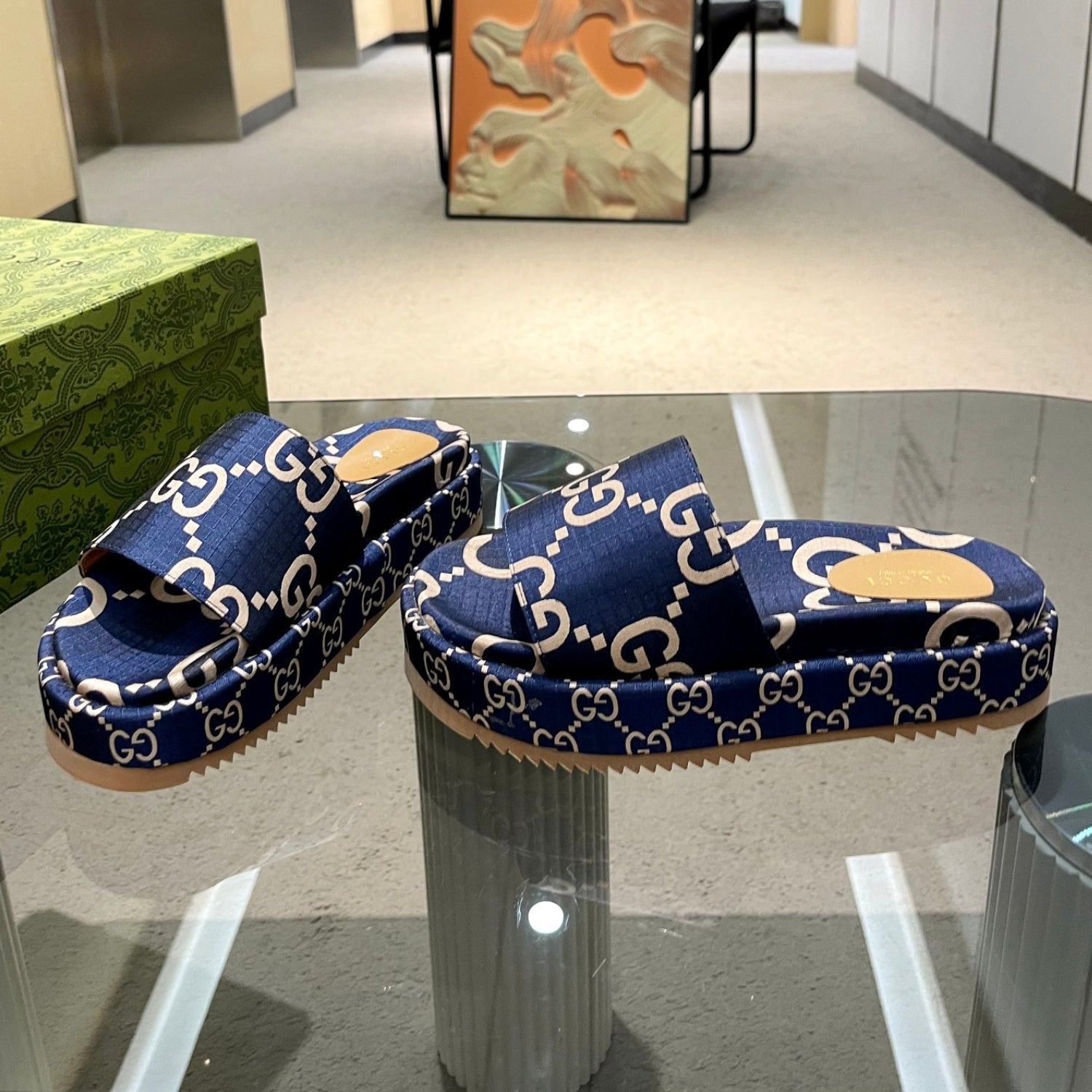 GG Platform Slider Sandal in Blue with Print