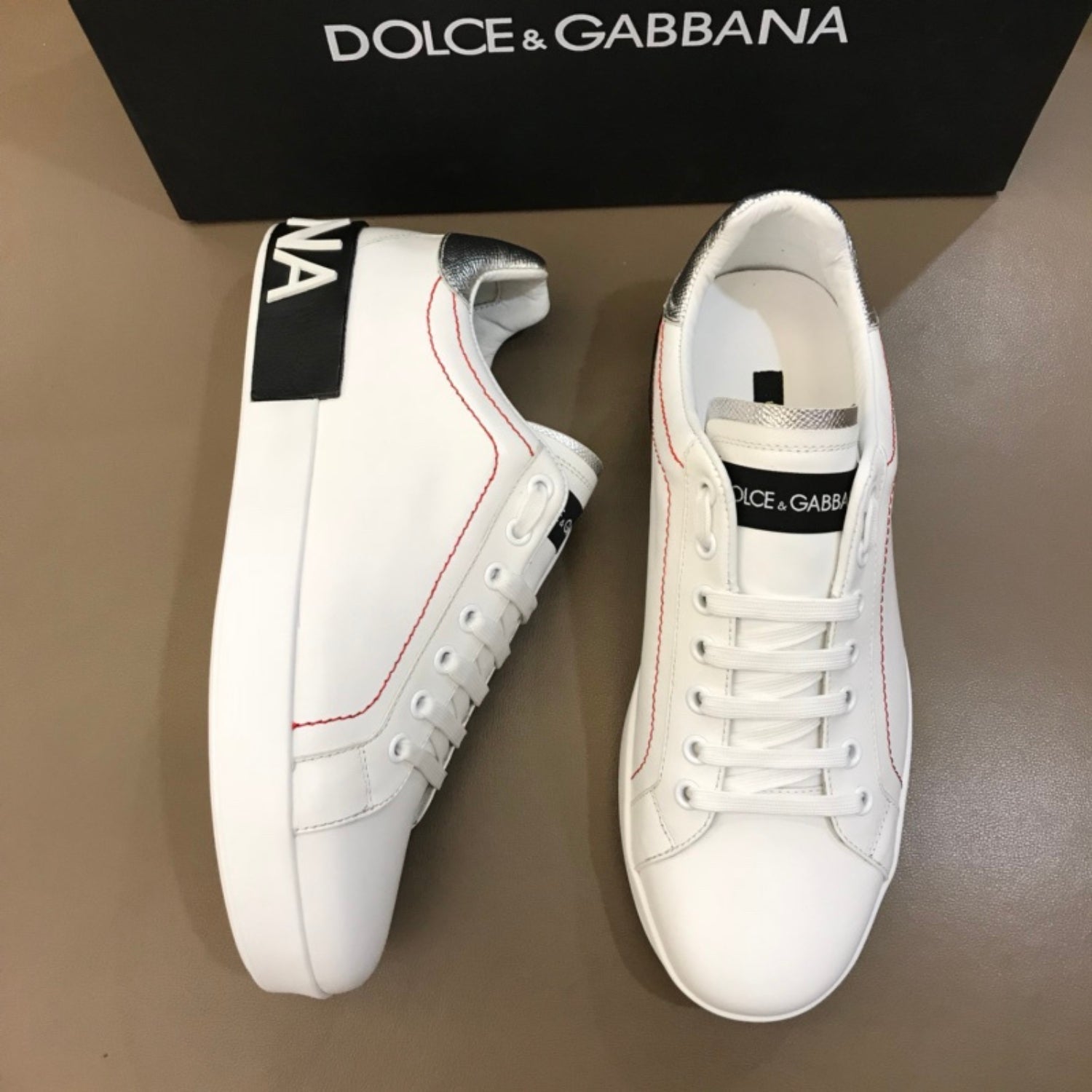 DG Portofino White Leather Sneakers with Silver and Black