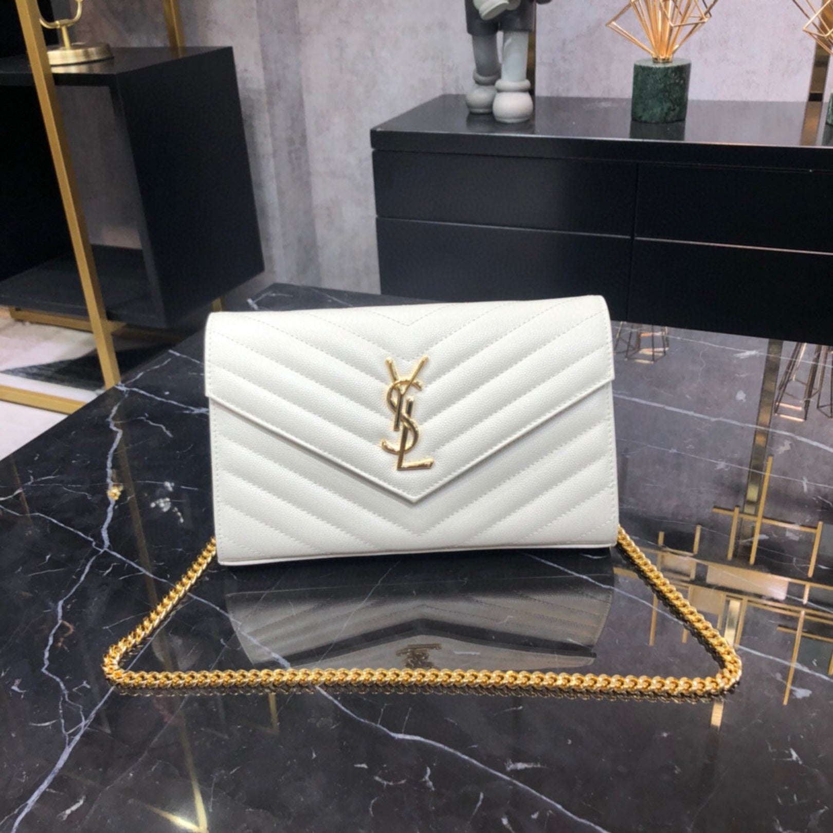 YSL Small White Monogram Bag with Gold Logo