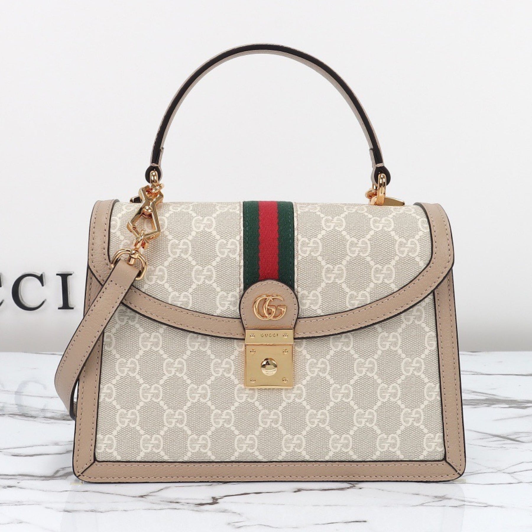 Small Light Beige GG Ophidia Bag with 25cm top handle