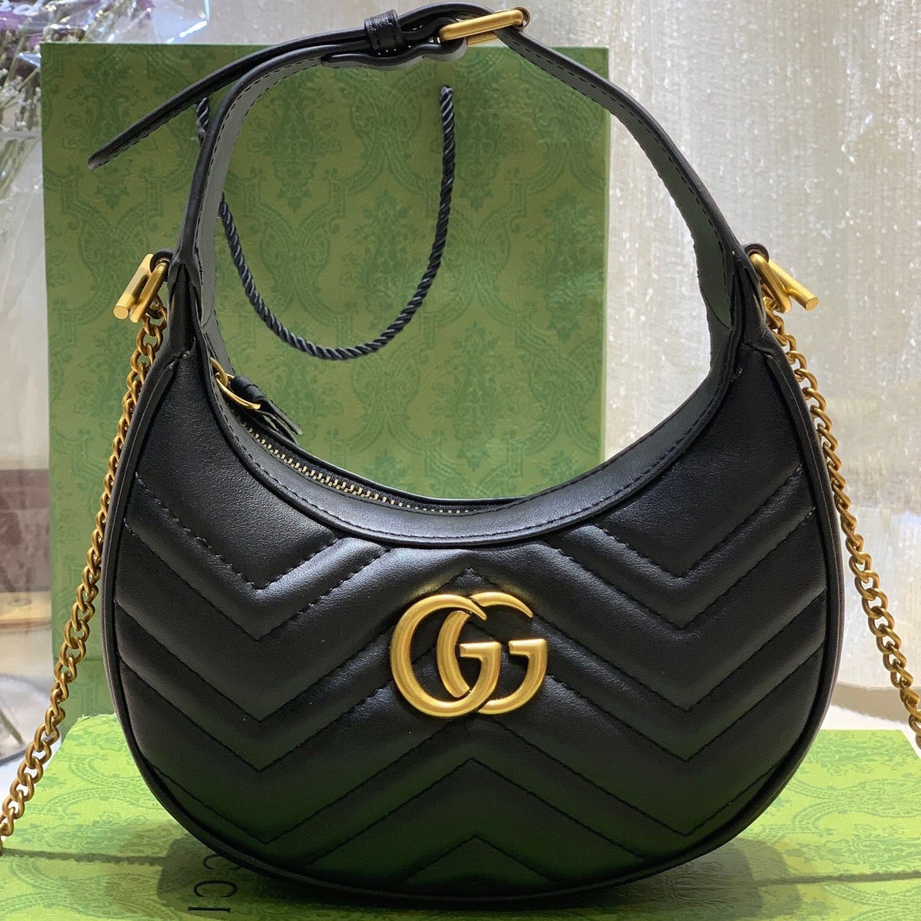 Bolsa GG Marmont Mini half-moon Preta 21cm