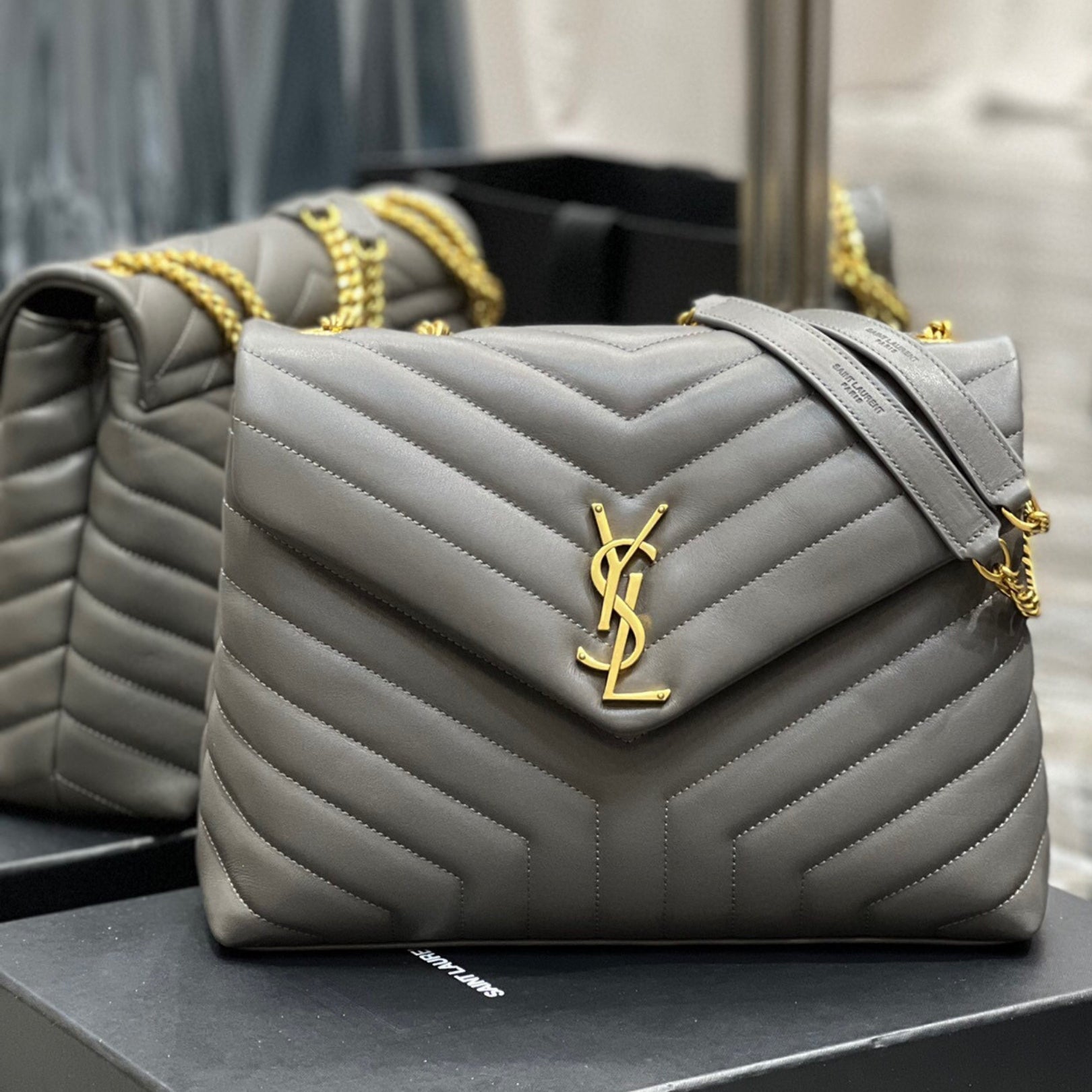 YSL LouLou Shoulder Bag Gray with Gold