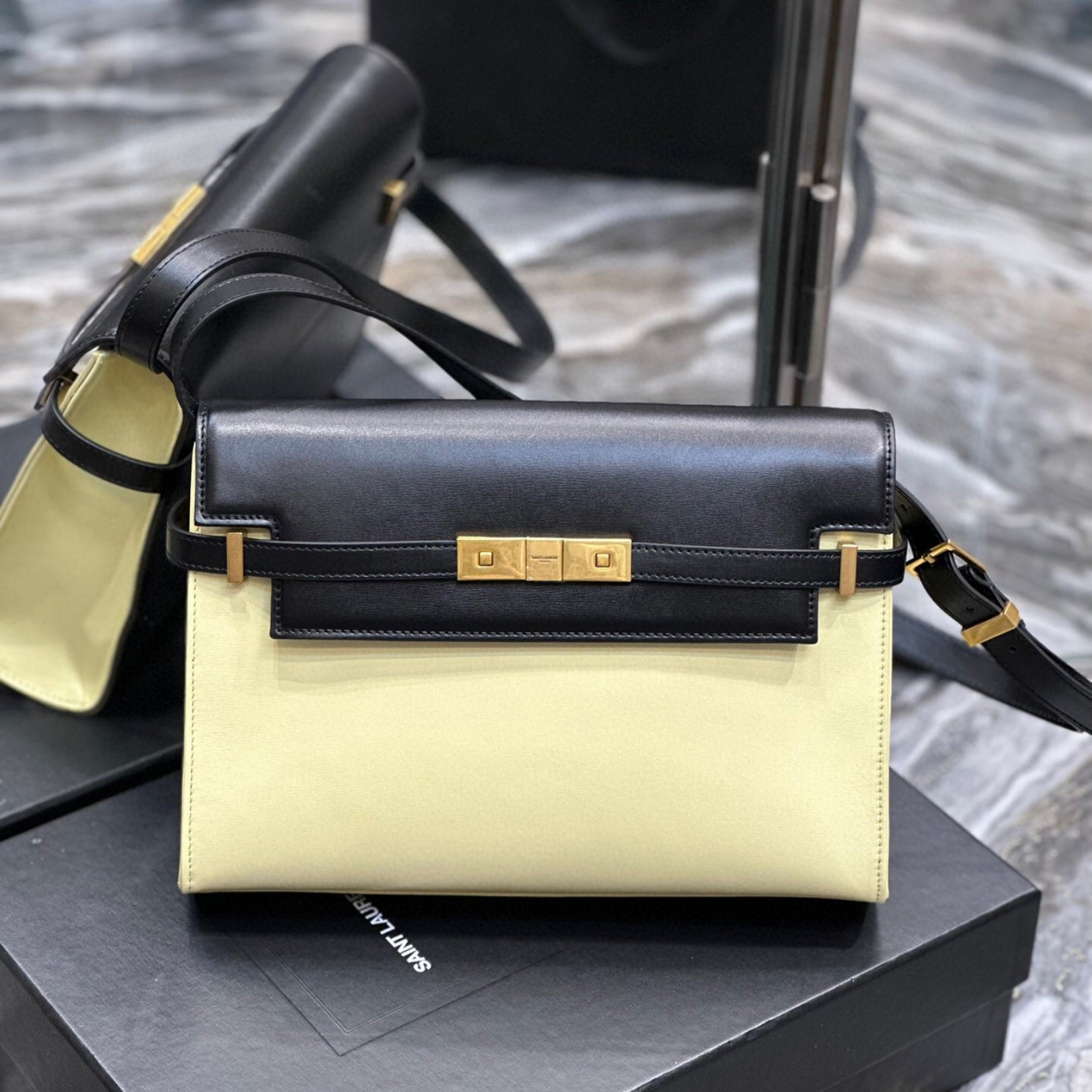 Small Beige and Black YSL Manhattan Bag