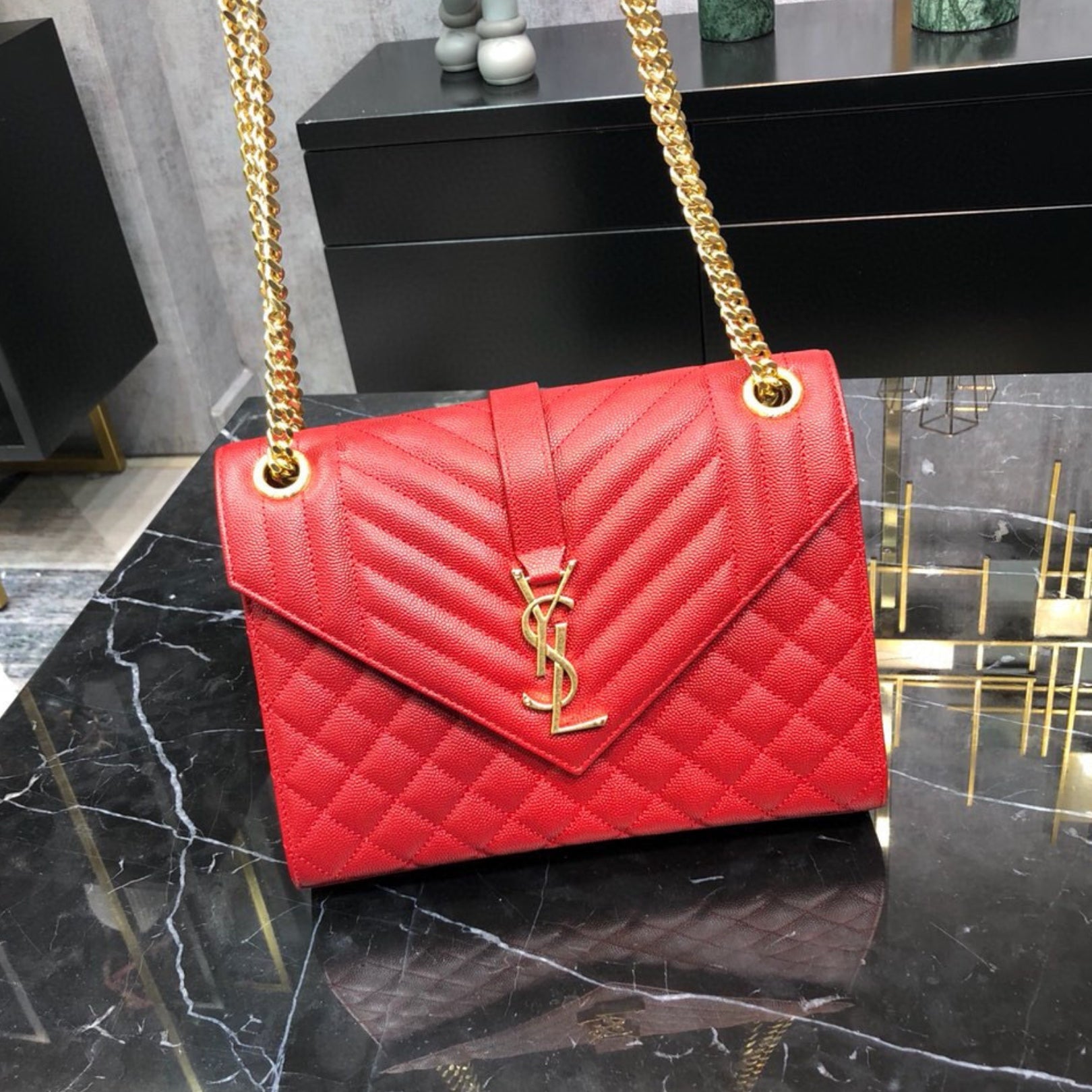 YSL Medium Envelope Shoulder Bag Red 24cm