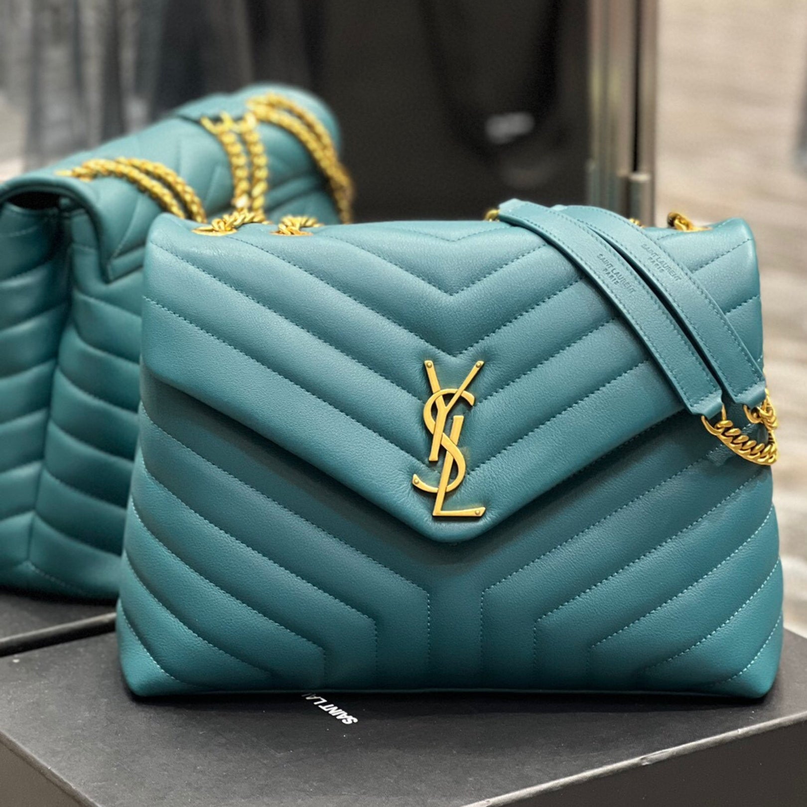 YSL LouLou Shoulder Bag in Turquoise Blue with Gold