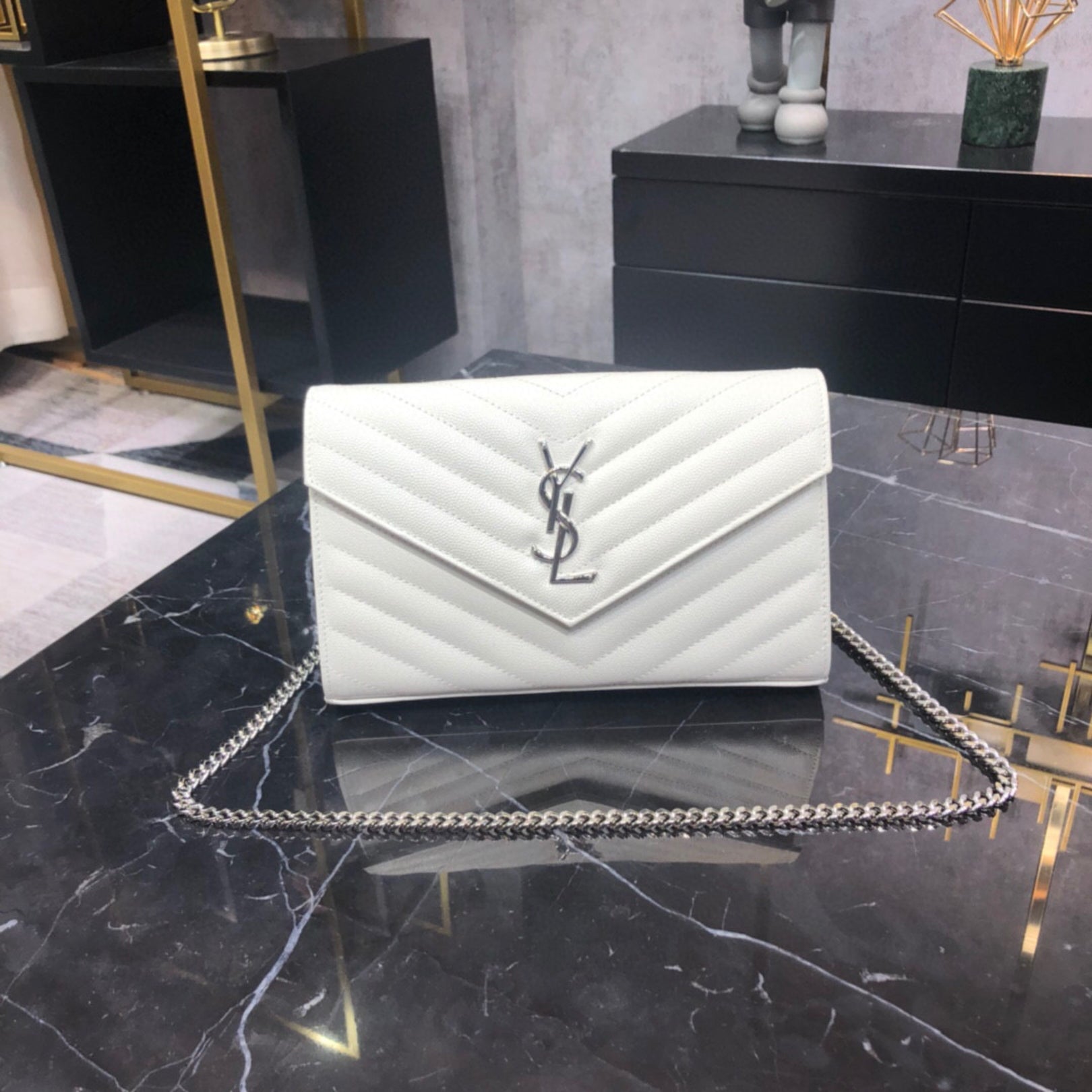 YSL Small Monogram White Bag with Silver Logo