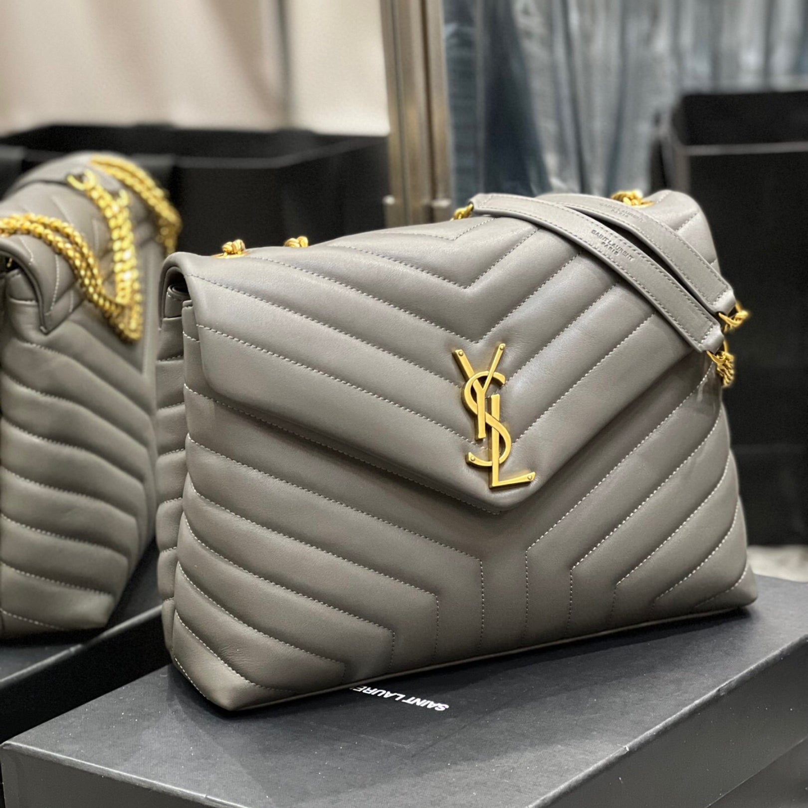 YSL LouLou Shoulder Bag Gray with Gold